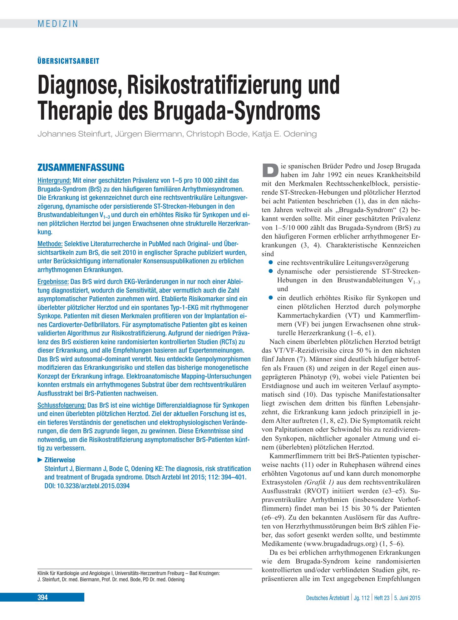 Vorschauseite 1: Diagnose, Risikostratifizierung und Therapie des Brugada-Syndroms – Deutsches Ärzteblatt