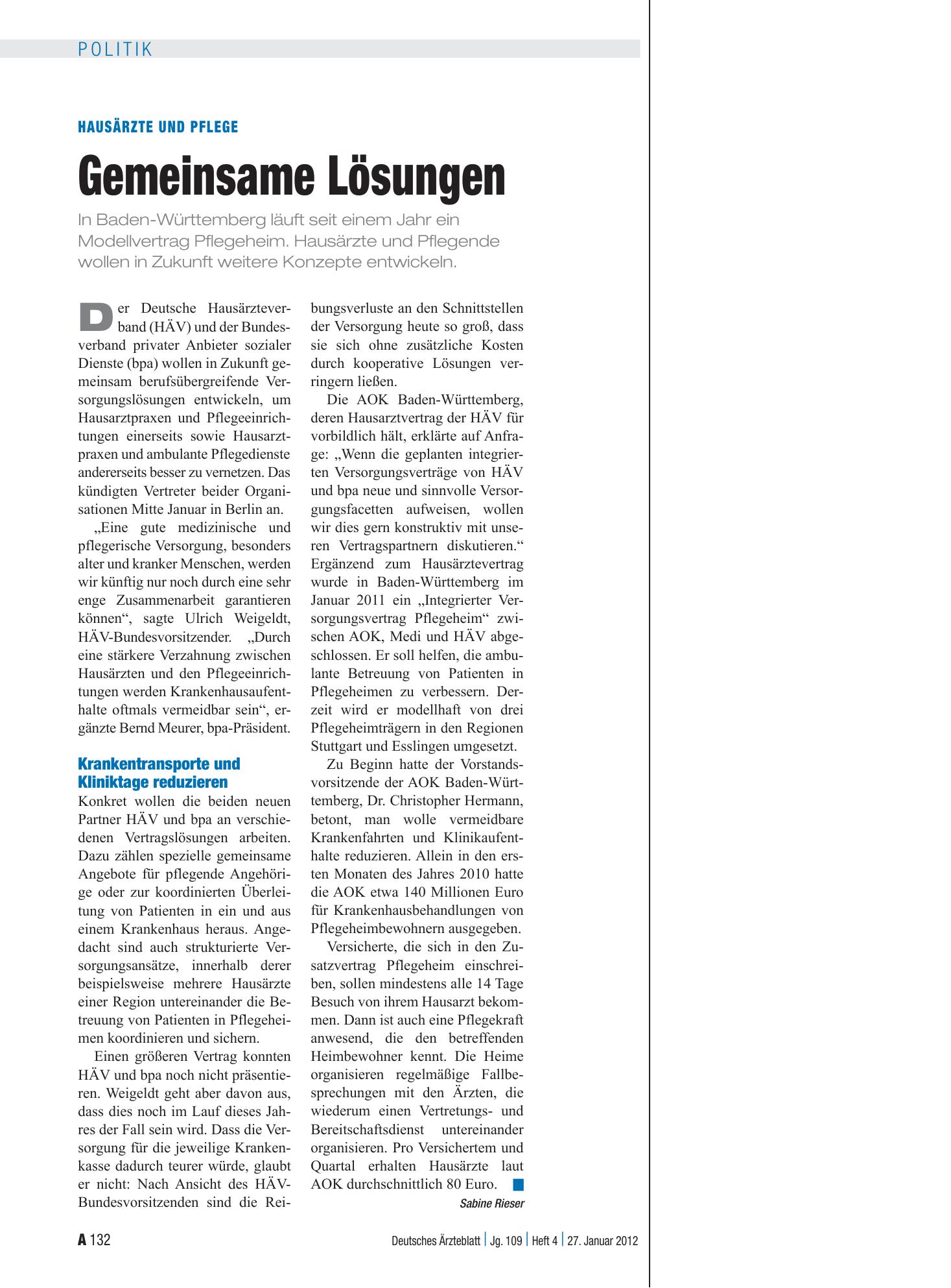 Vorschauseite 1: Hausärzte und Pflege: Gemeinsame Lösungen – Deutsches Ärzteblatt