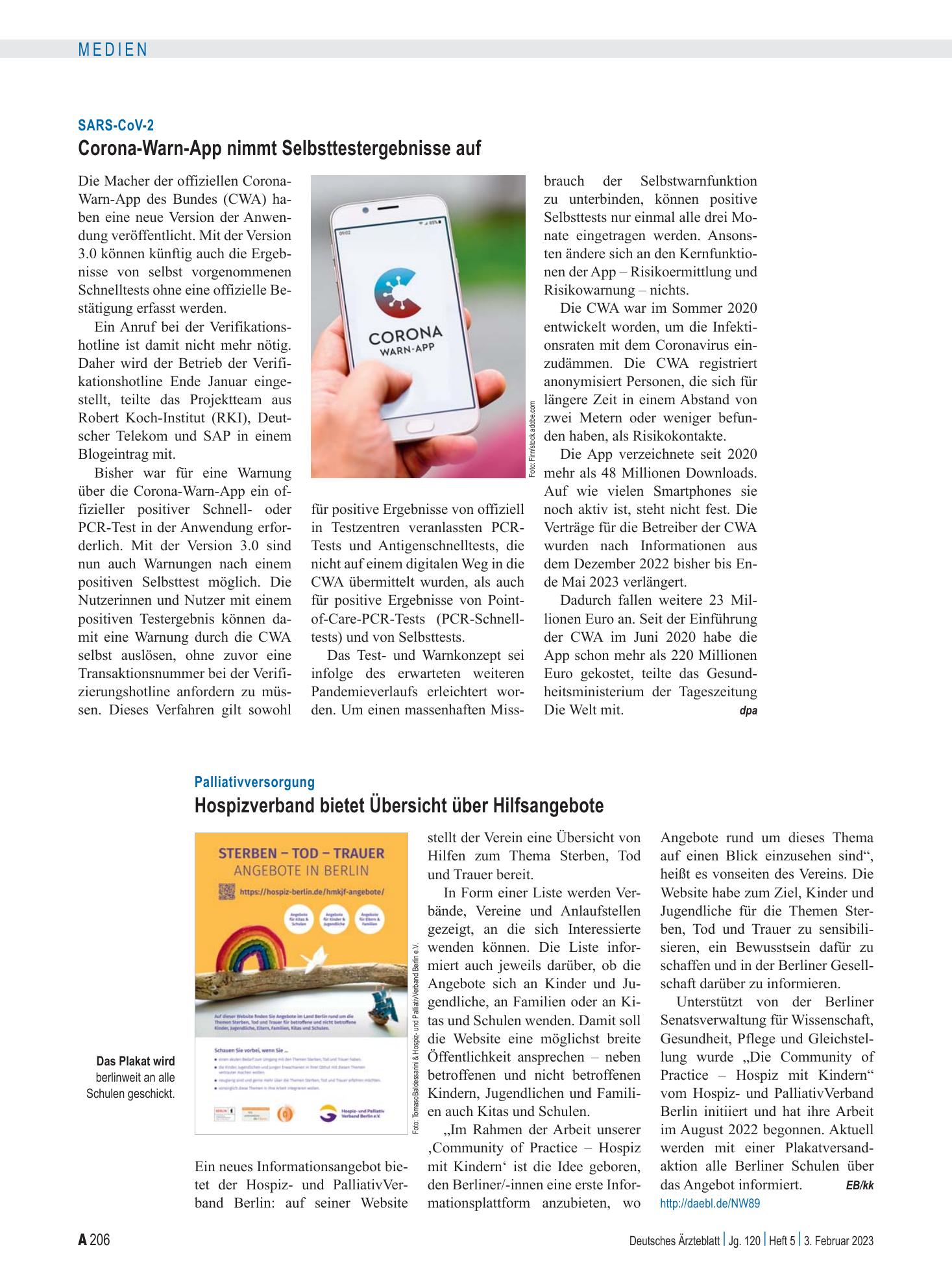 Vorschauseite 1: SARS-CoV-2: Corona-Warn-App nimmt Selbsttestergebnisse auf – Deutsches Ärzteblatt