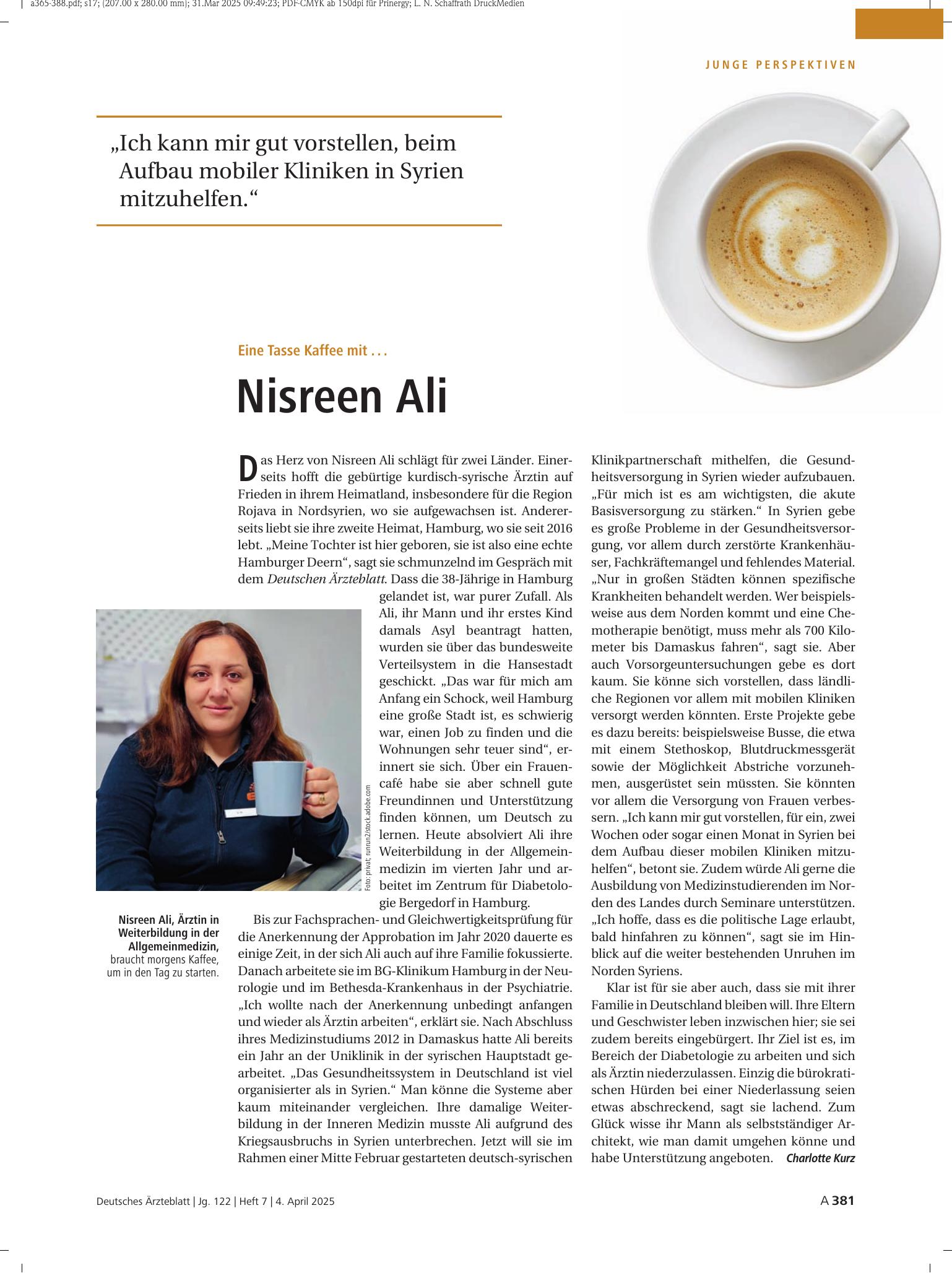 Vorschauseite 1: Eine Tasse Kaffee mit . . . Nisreen Ali – Deutsches Ärzteblatt