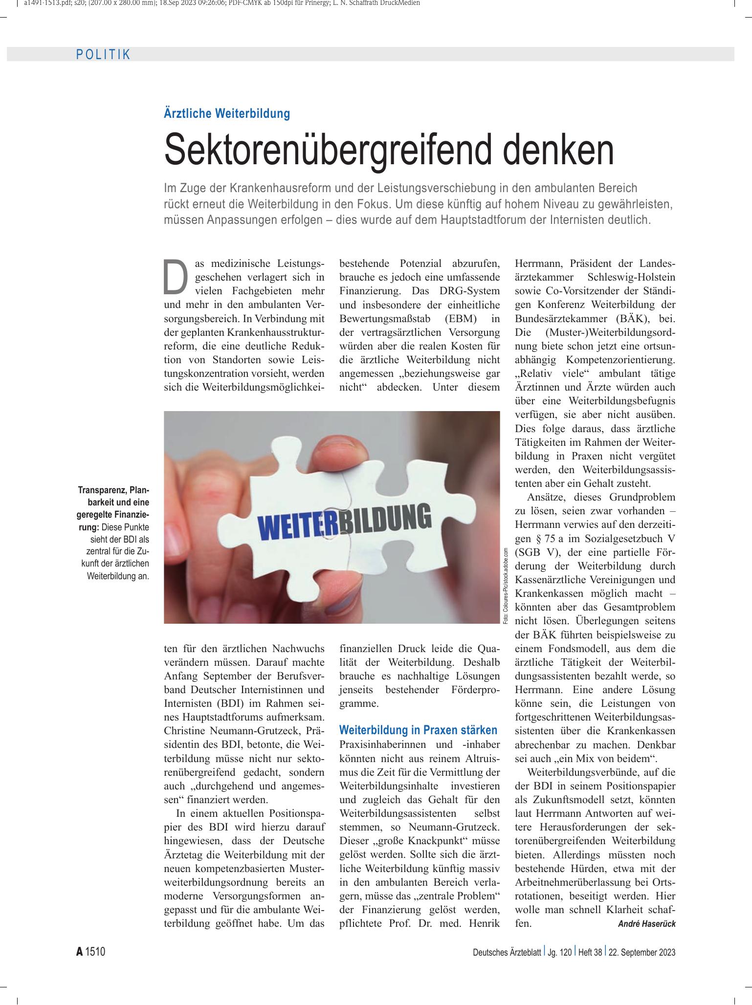 Vorschauseite 1: Ärztliche Weiterbildung: Sektorenübergreifend denken – Deutsches Ärzteblatt
