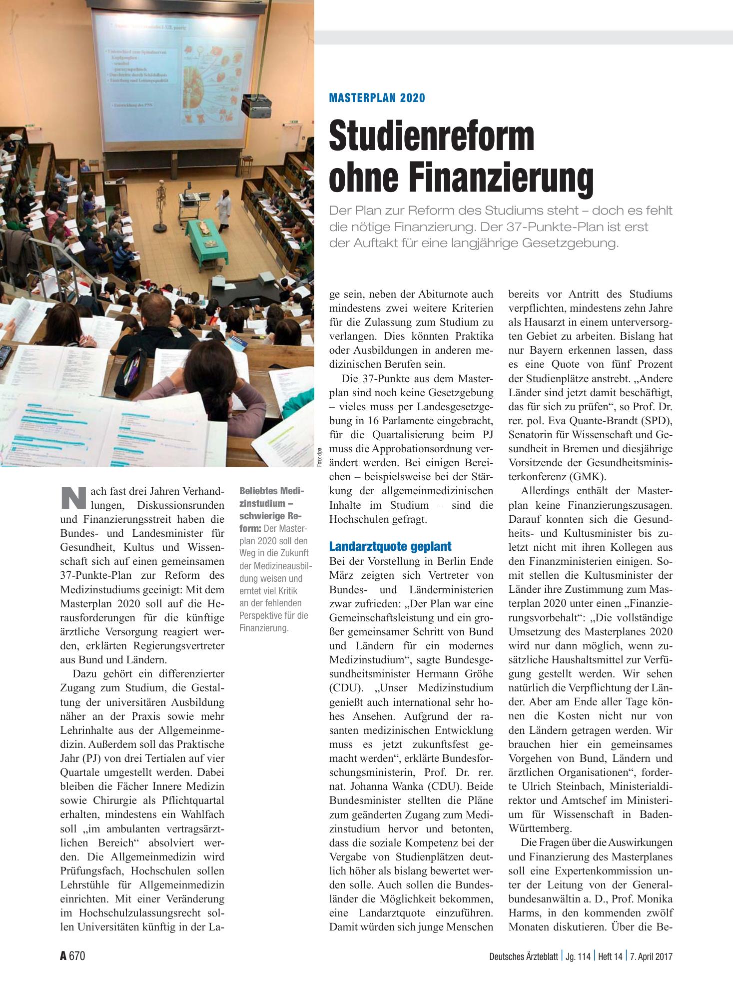 Vorschauseite 1: Masterplan 2020: Studienreform ohne Finanzierung – Deutsches Ärzteblatt
