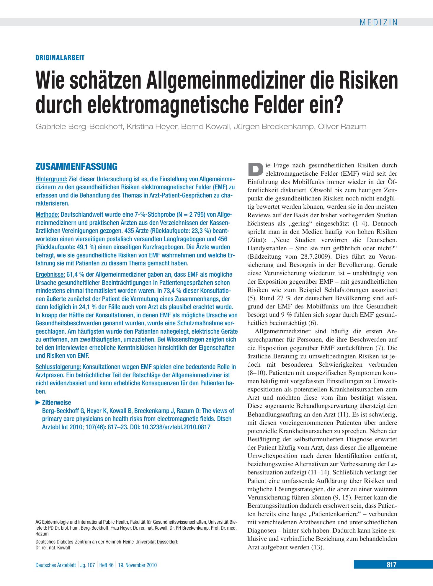 Vorschauseite 1: Wie schätzen Allgemeinmediziner die Risiken durch elektromagnetische Felder ein? – Deutsches Ärzteblatt