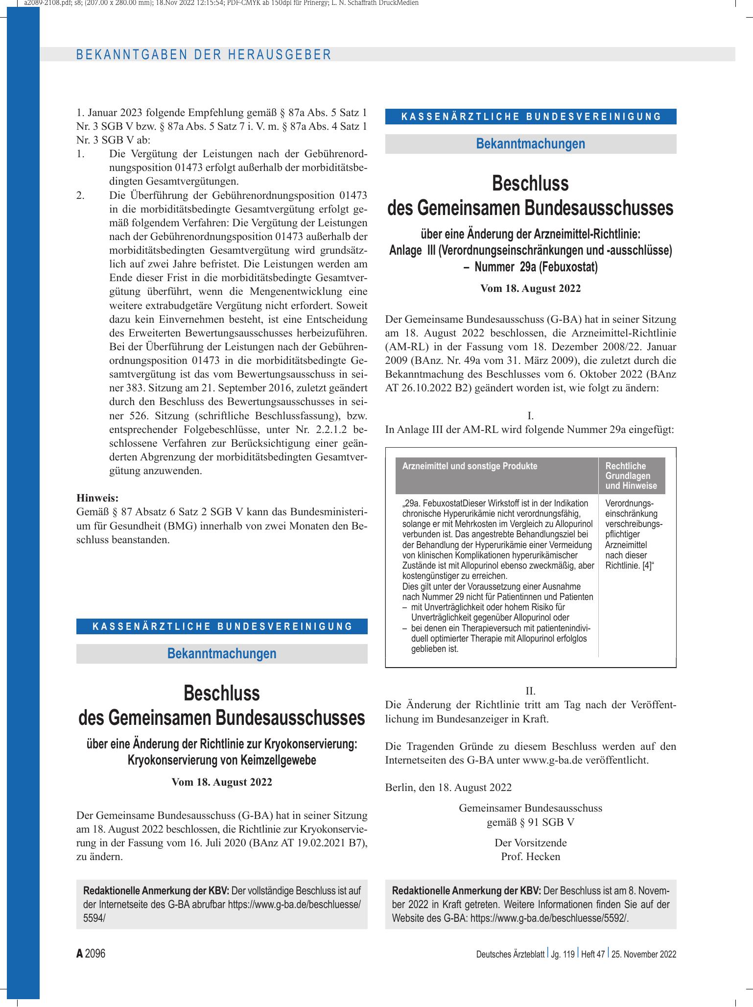 Vorschauseite 1: Beschluss des Gemeinsamen Bundesausschusses über eine Änderung der Arzneimittel-Richtlinie: Anlage III (Verordnungseinschränkungen und -ausschlüsse) – Nummer 29a (Febuxostat) – De…