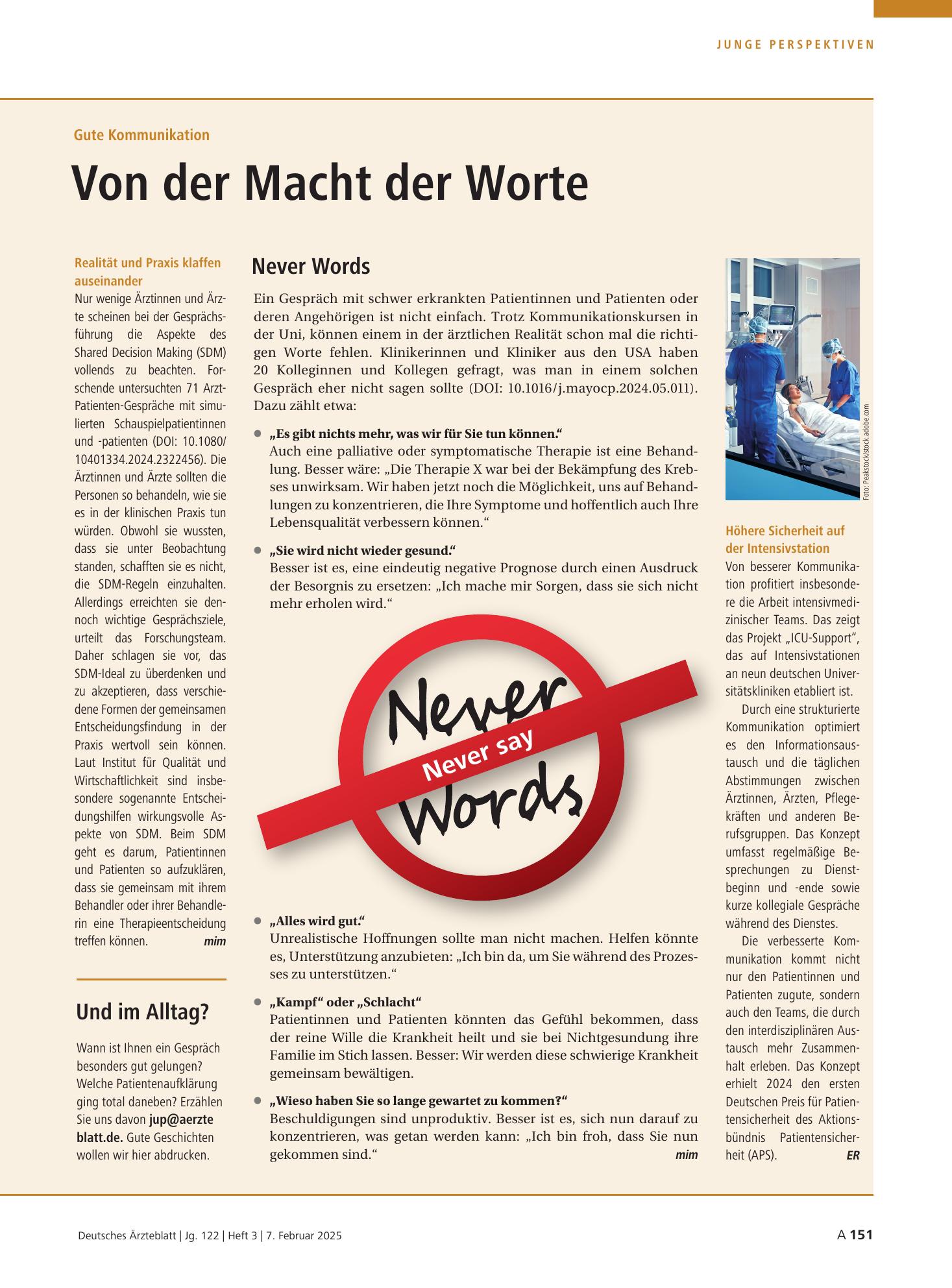 Vorschauseite 1: Gute Kommunikation: Von der Macht der Worte – Deutsches Ärzteblatt
