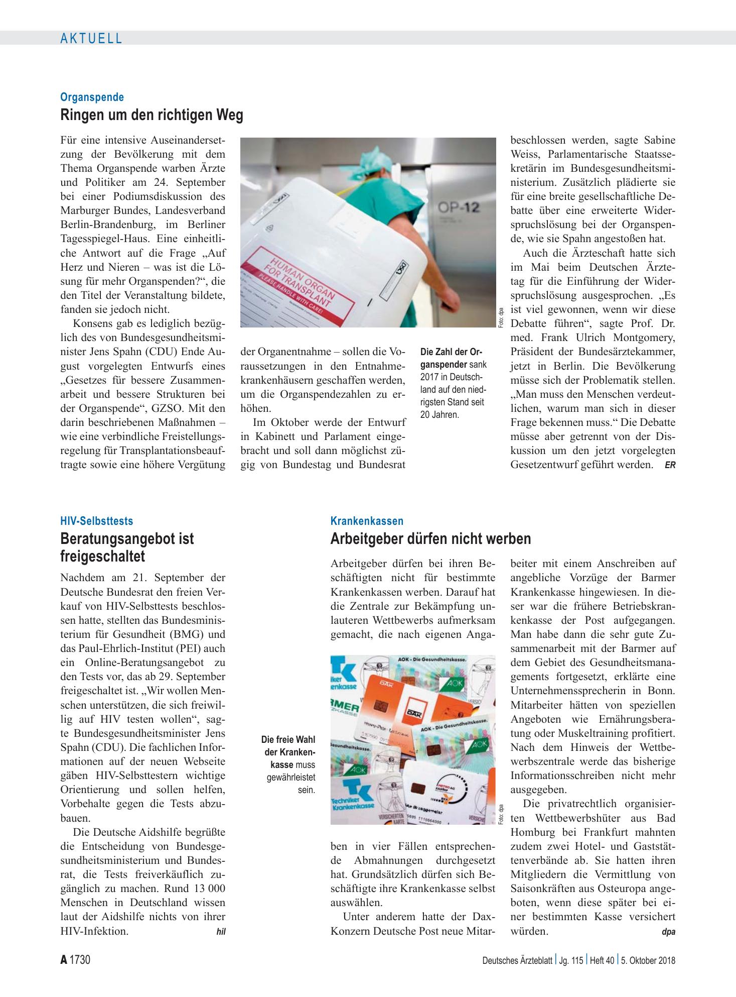Vorschauseite 1: Organspende: Ringen um den richtigen Weg – Deutsches Ärzteblatt