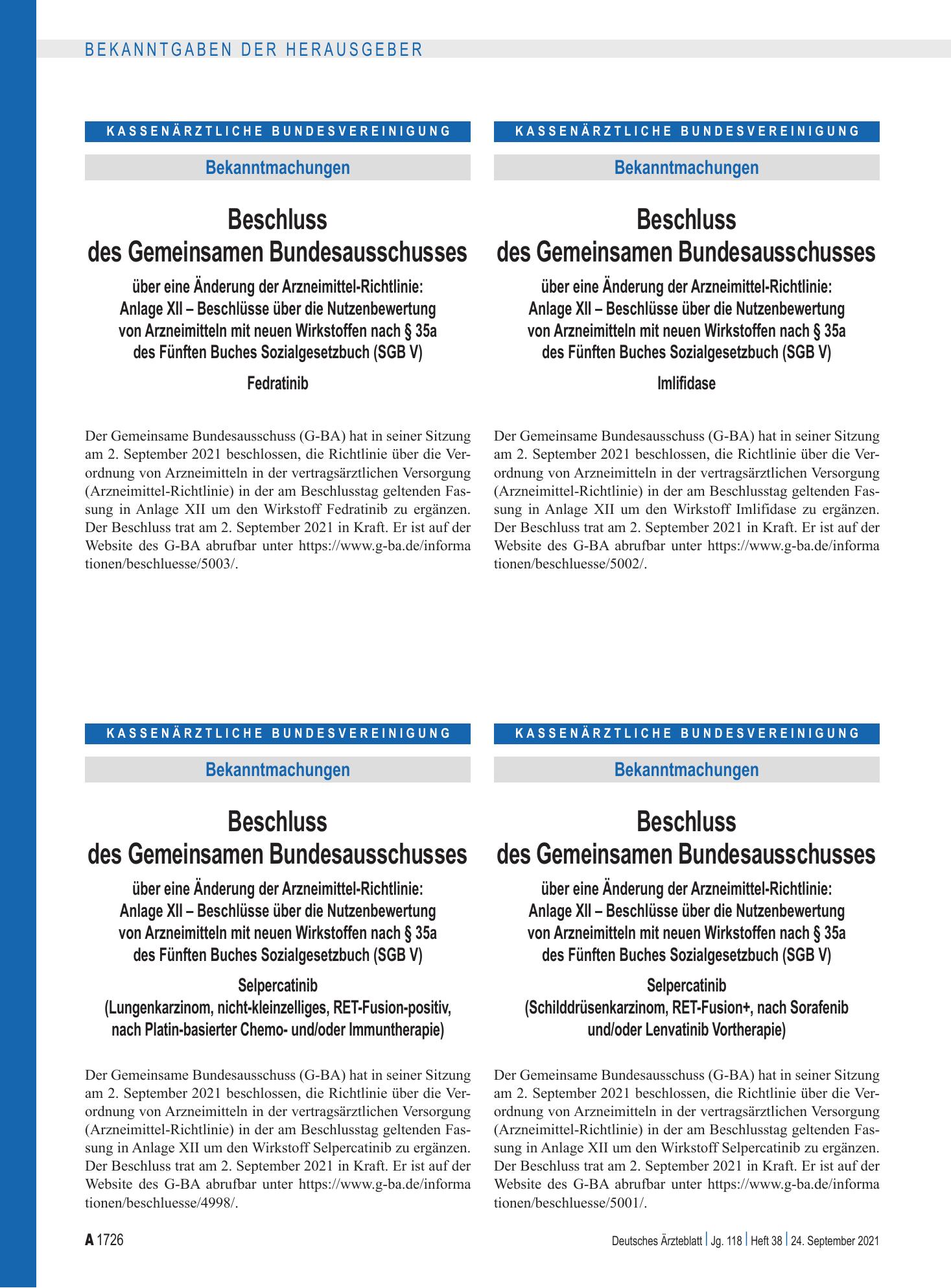 Vorschauseite 1: Beschluss des Gemeinsamen Bundesausschusses über eine Änderung der Arzneimittel-Richtlinie: Anlage XII – Selpercatinib (Schilddrüsenkarzinom, RET-Fusion+, nach Sorafenib und/oder…