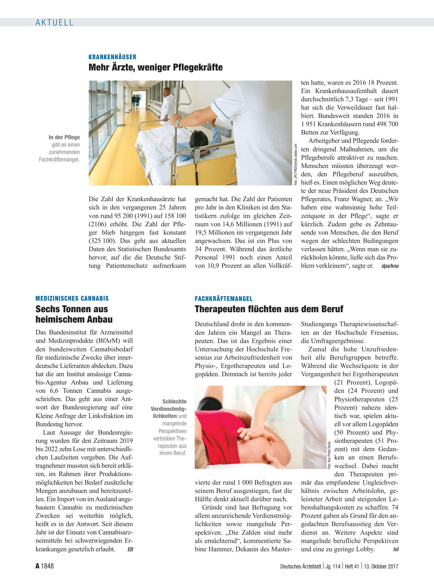 Vorschauseite 1: Krankenhäuser: Mehr Ärzte, weniger Pflegekräfte – Deutsches Ärzteblatt