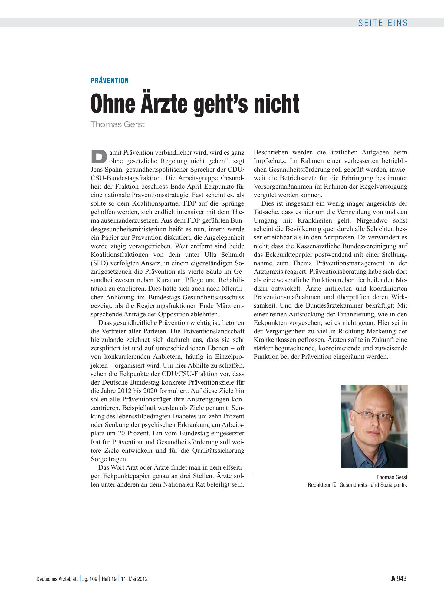 Vorschauseite 1: Prävention: Ohne Ärzte geht’s nicht – Deutsches Ärzteblatt
