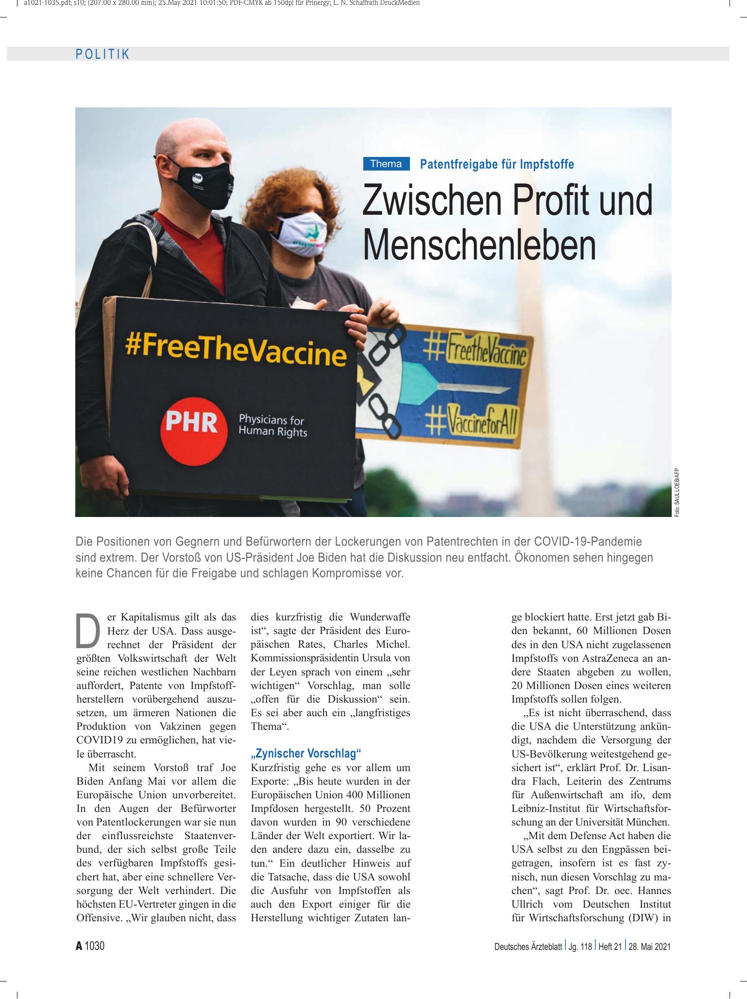 Vorschauseite 1: Patentfreigabe für Impfstoffe: Zwischen Profit und Menschenleben – Deutsches Ärzteblatt