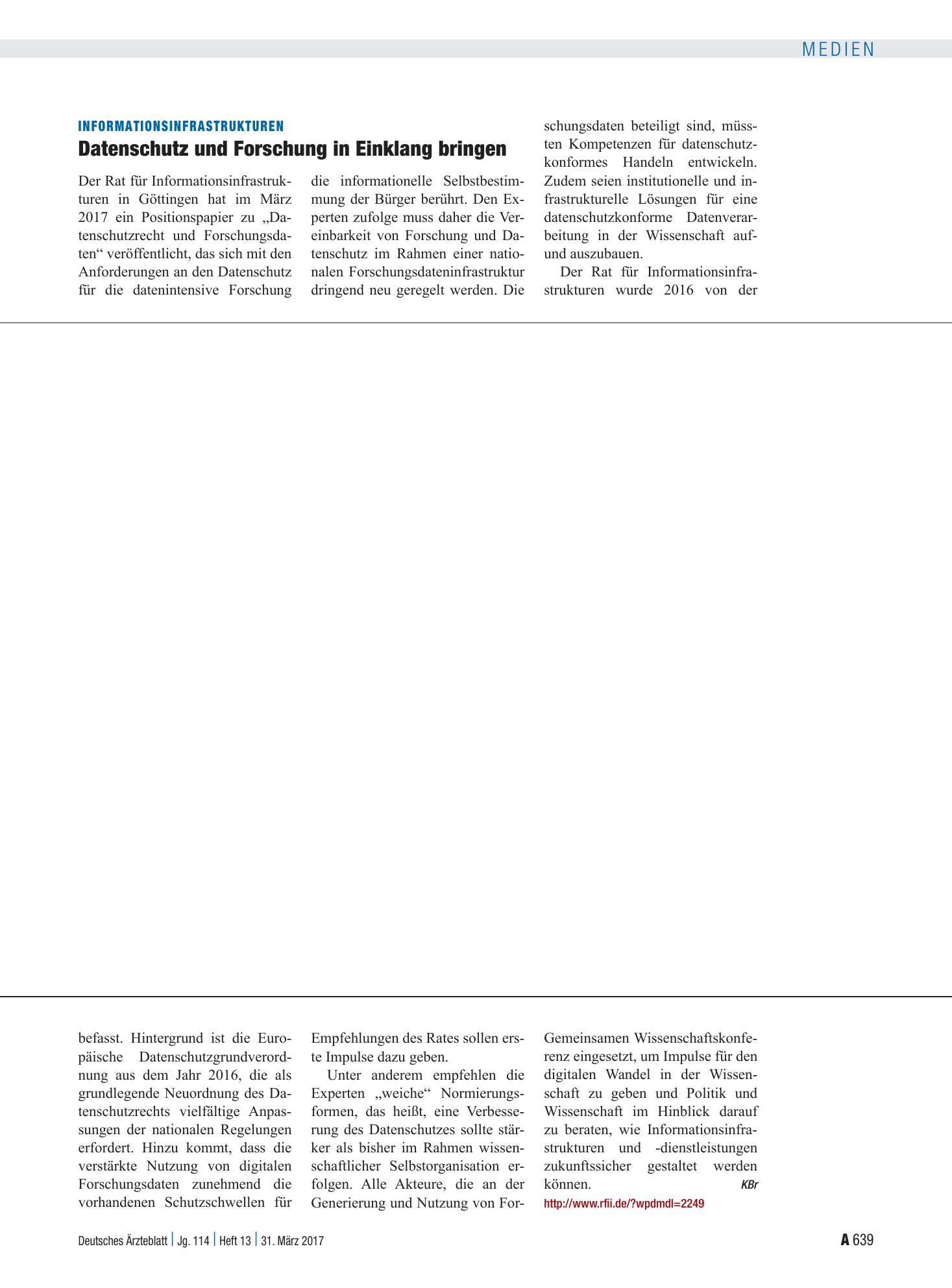 Vorschauseite 1: Informationsinfrastrukturen: Datenschutz und Forschung in Einklang bringen – Deutsches Ärzteblatt