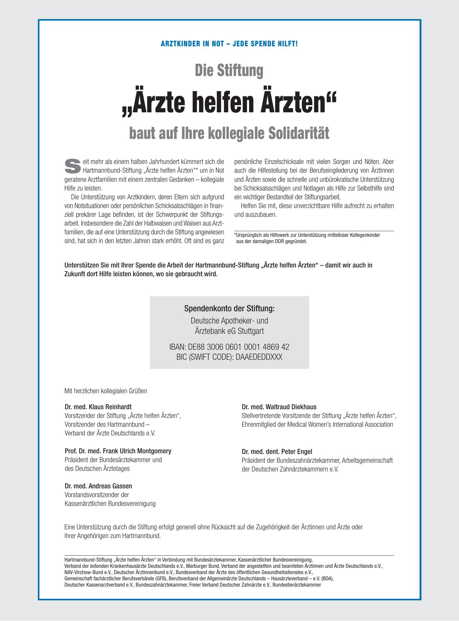 Vorschauseite 1: Arztkinder in Not – Jede Spende hilft!: Die Stiftung „Ärzte helfen Ärzten“ baut auf Ihre kollegiale Solidarität – Deutsches Ärzteblatt