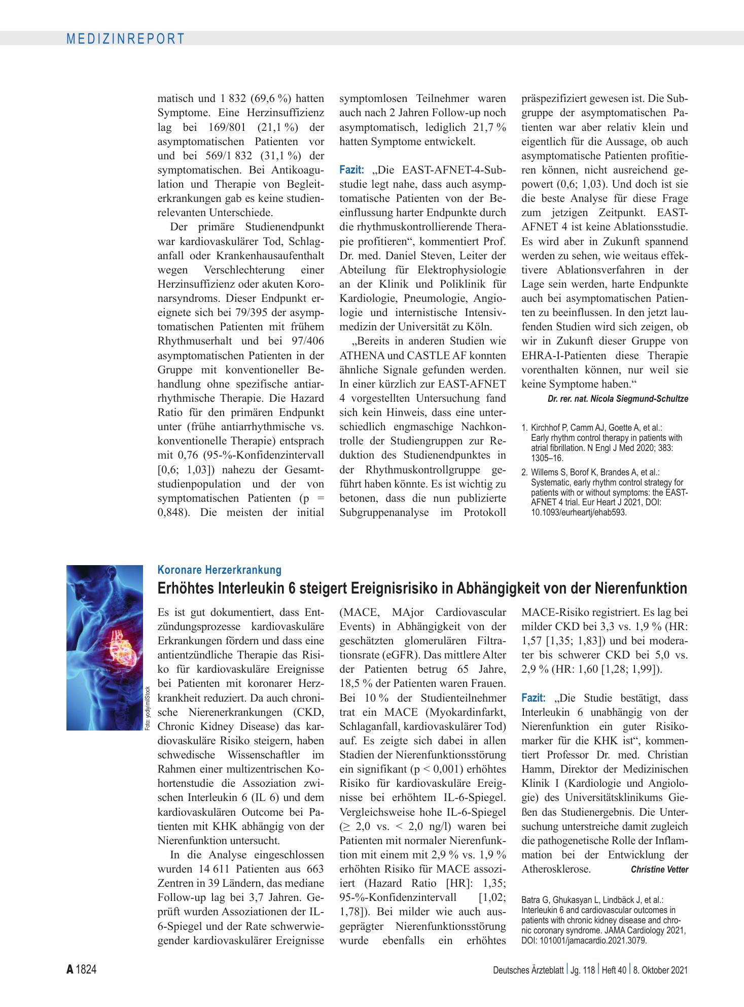 Vorschauseite 1: Koronare Herzerkrankung: Erhöhtes Interleukin 6 steigert Ereignisrisiko in Abhängigkeit von der Nierenfunktion – Deutsches Ärzteblatt
