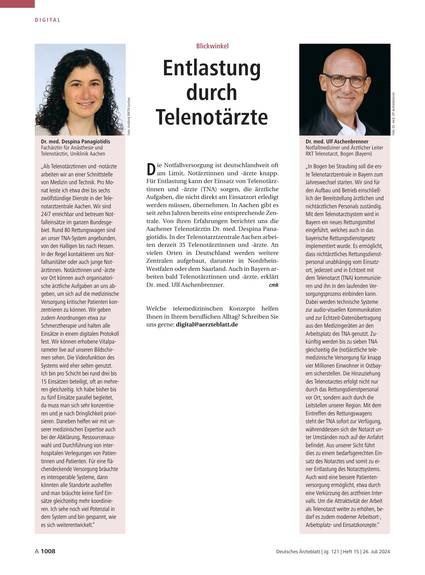 Vorschauseite 1: Blickwinkel: Entlastung durch Telenotärzte – Deutsches Ärzteblatt