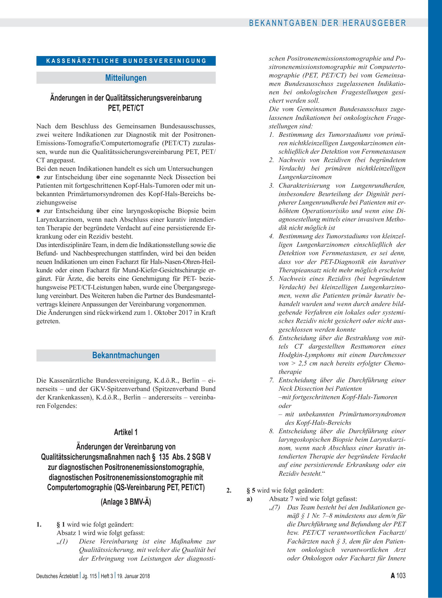Vorschauseite 1: Änderungen in der Qualitätssicherungsvereinbarung PET, PET/CT: Artikel 1, Artikel 2 und Inkrafttreten – Deutsches Ärzteblatt