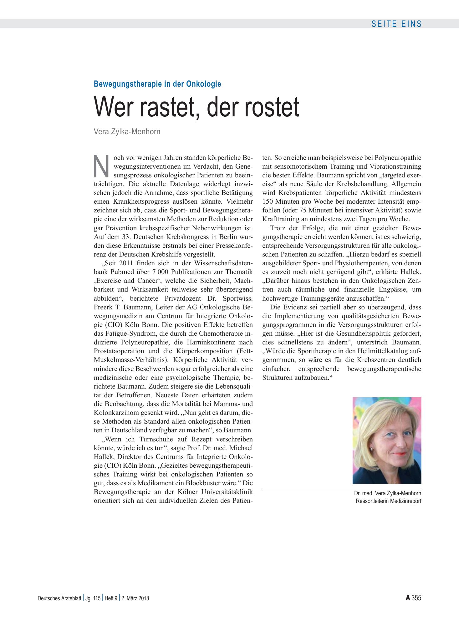 Vorschauseite 1: Bewegungstherapie in der Onkologie: Wer rastet, der rostet – Deutsches Ärzteblatt