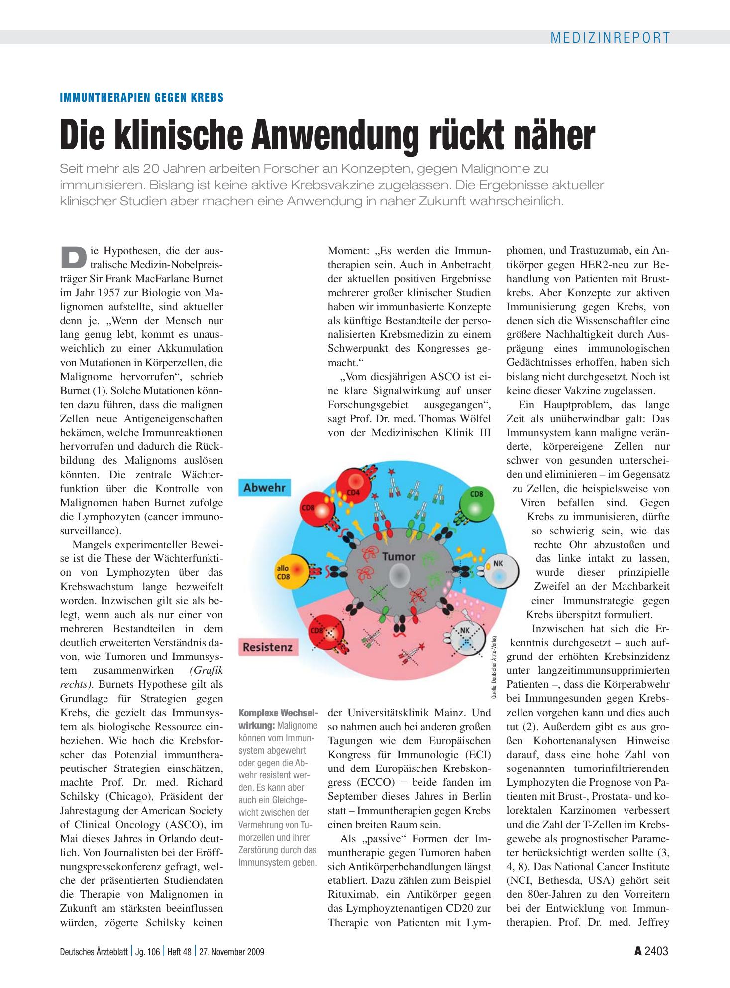 Vorschauseite 1: Immuntherapien gegen Krebs: Die klinische Anwendung rückt näher – Deutsches Ärzteblatt