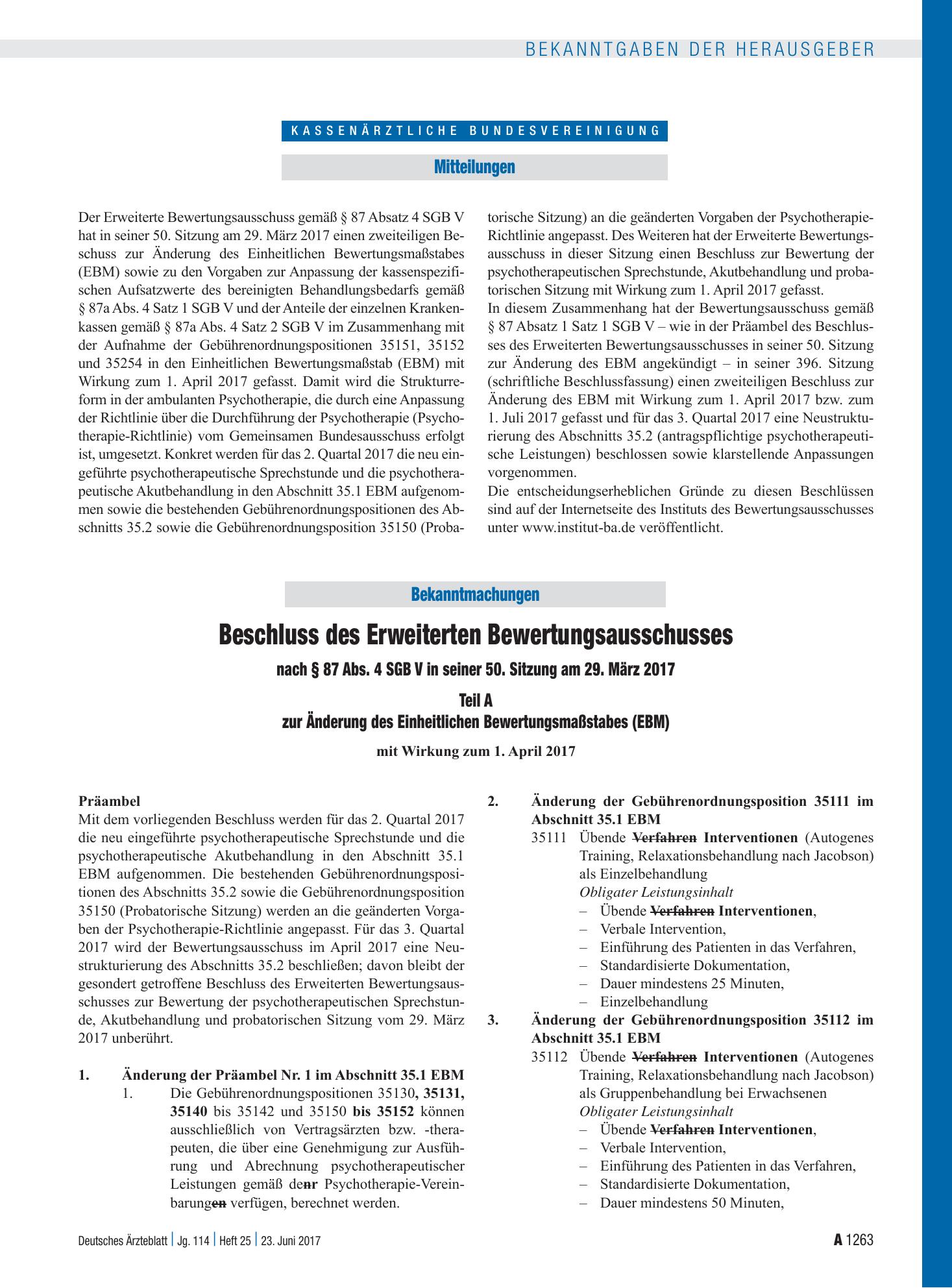 Vorschauseite 1: Beschluss des Erweiterten Bewertungsausschusses nach § 87 Abs. 4 SGB V in seiner 50. Sitzung am 29. März 2017: Teil A + Teil B sowie Vorgaben zur Anpassung der kassenspezifischen…