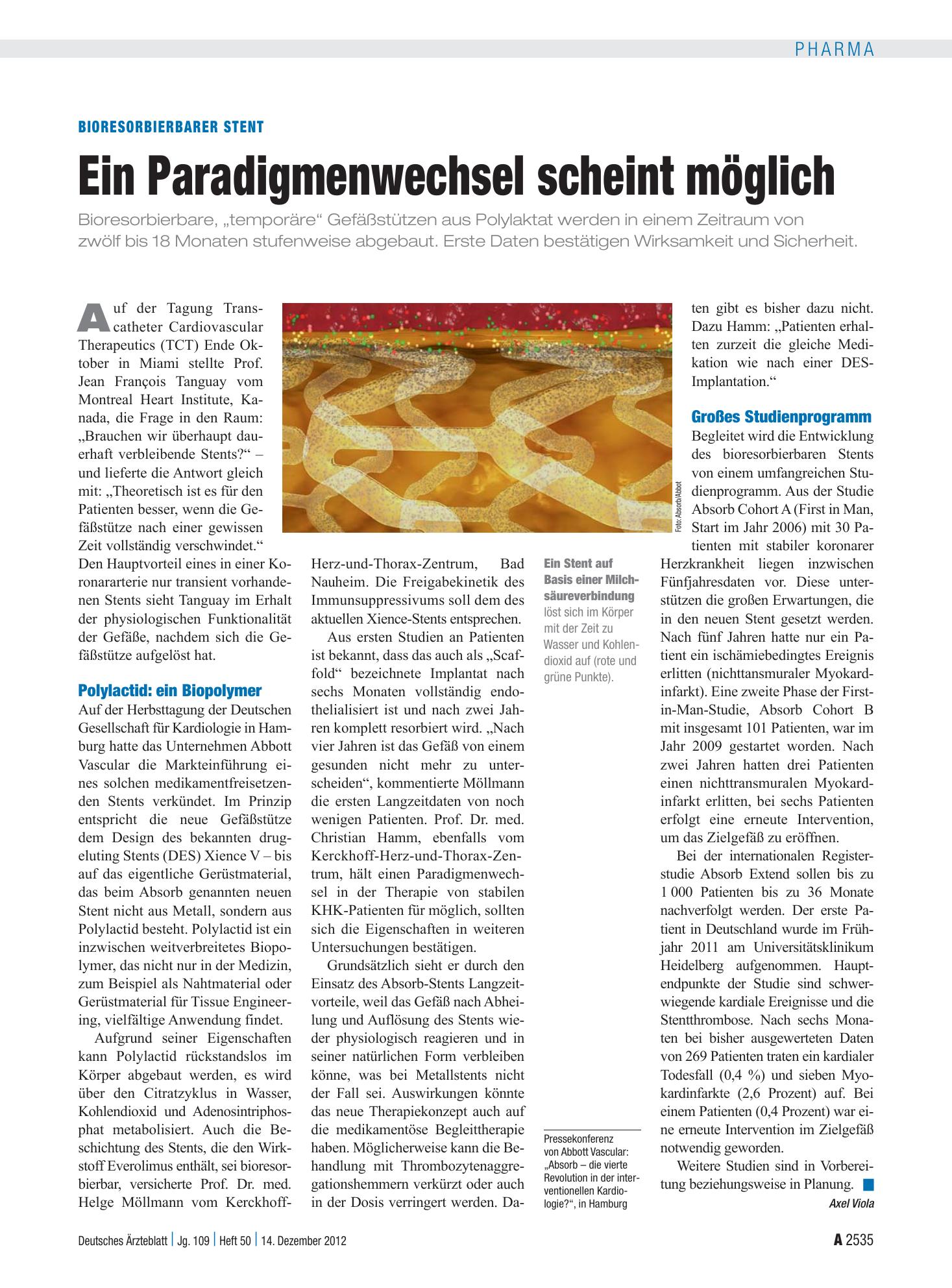 Vorschauseite 1: Bioresorbierbarer Stent: Ein Paradigmenwechsel scheint möglich – Deutsches Ärzteblatt