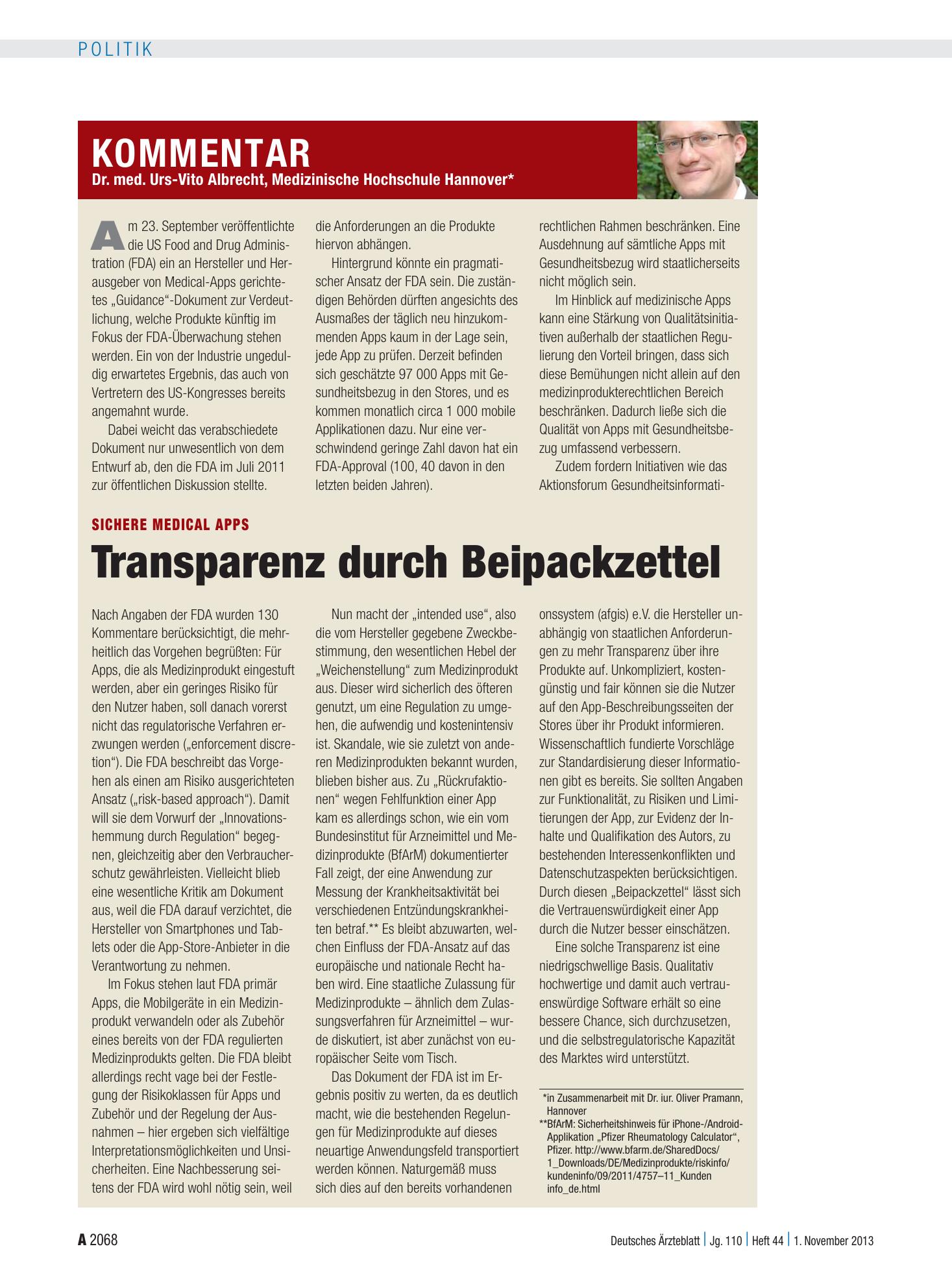 Vorschauseite 1: Sichere Medical Apps: Transparenz durch Beipackzettel – Deutsches Ärzteblatt