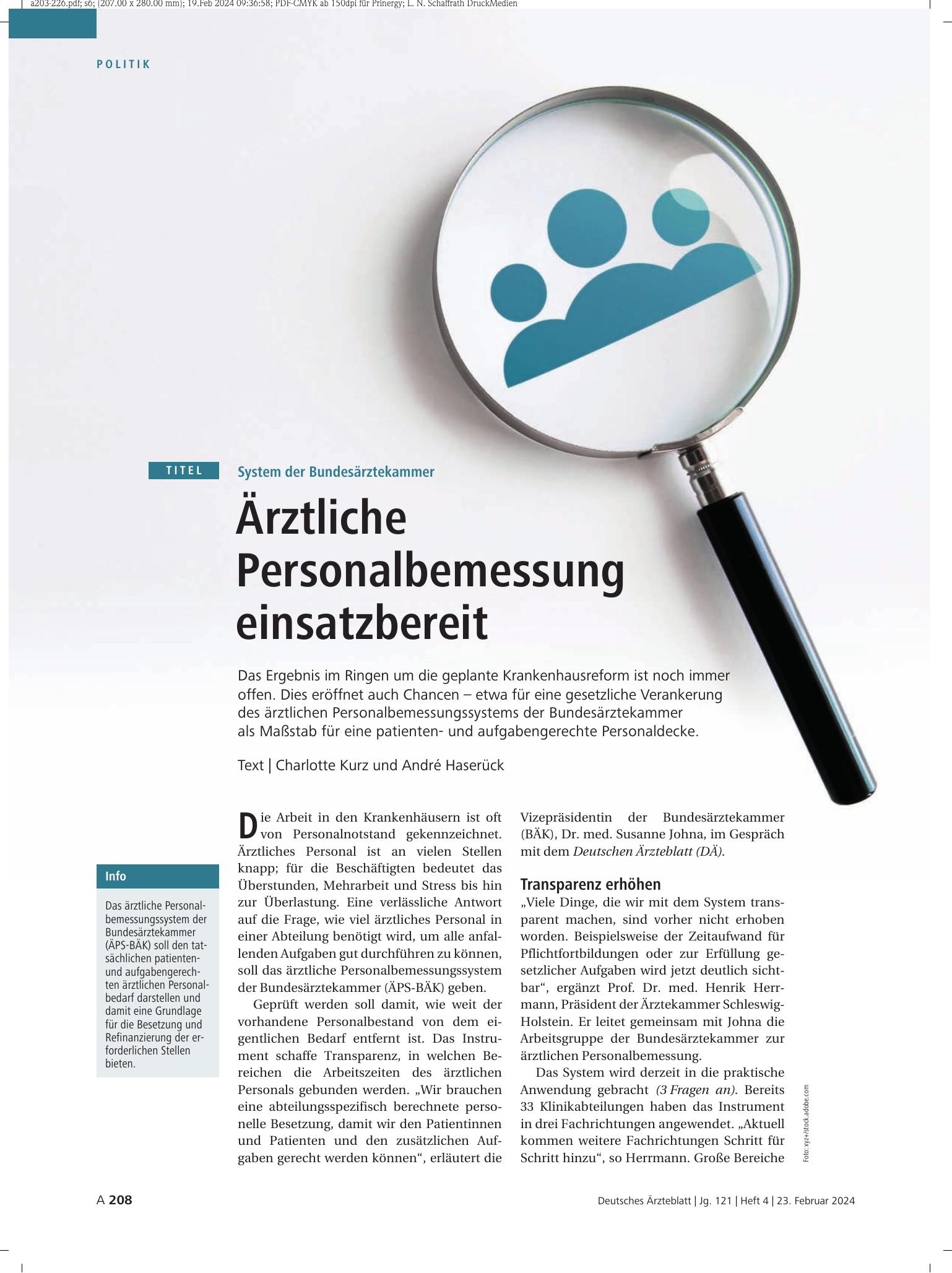Vorschauseite 1: System der Bundesärztekammer: Ärztliche Personalbemessung einsatzbereit – Deutsches Ärzteblatt