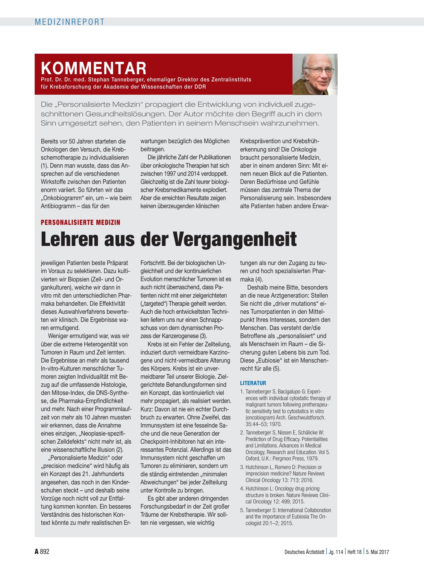 Vorschauseite 1: Personalisierte Medizin: Lehren aus der Vergangenheit – Deutsches Ärzteblatt