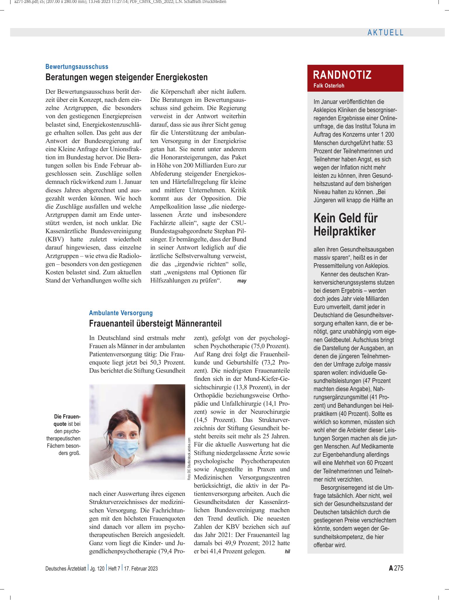 Vorschauseite 1: Randnotiz: Kein Geld für Heilpraktiker – Deutsches Ärzteblatt