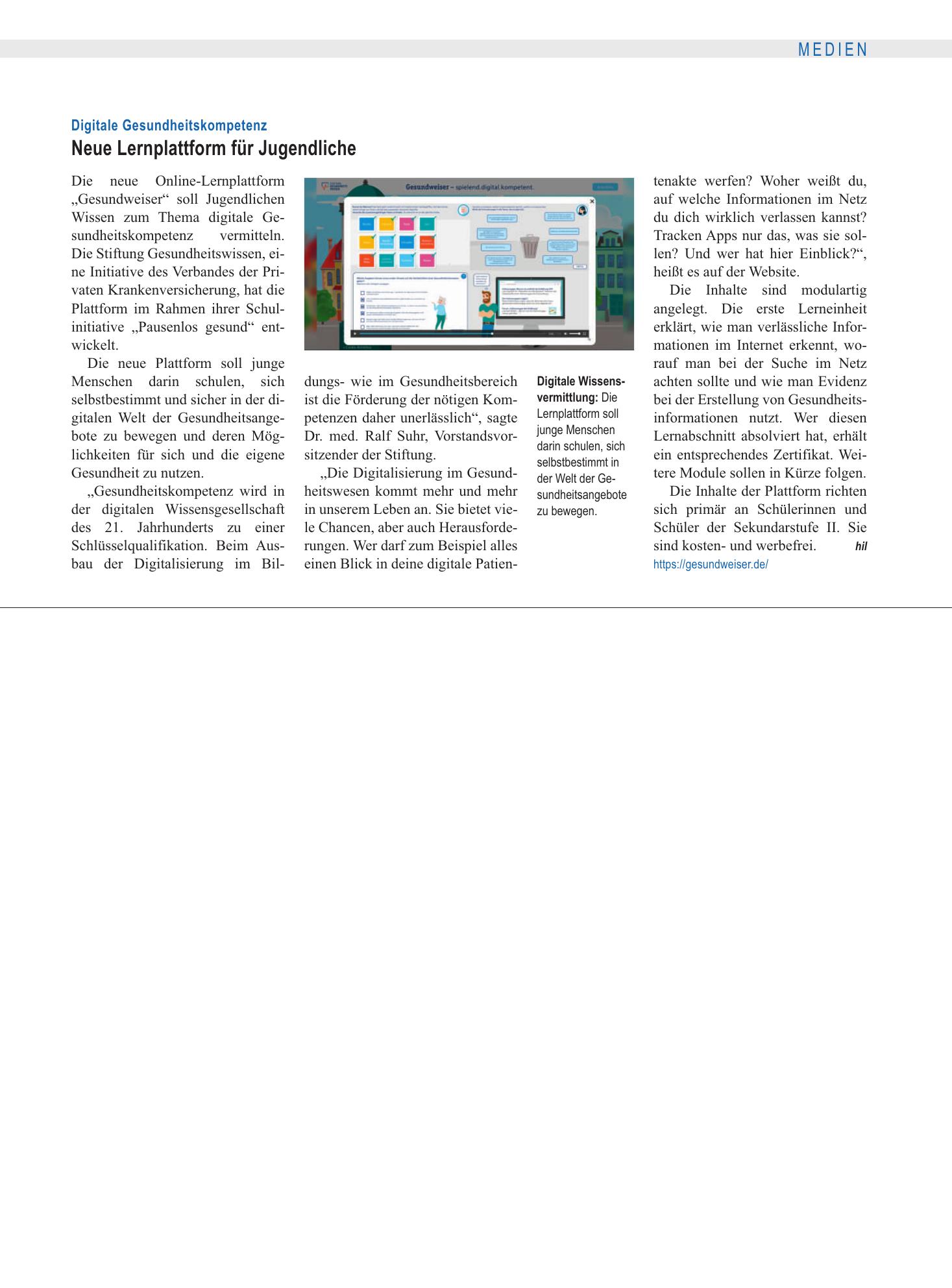 Vorschauseite 1: Digitale Gesundheitskompetenz: Neue Lernplattform für Jugendliche – Deutsches Ärzteblatt