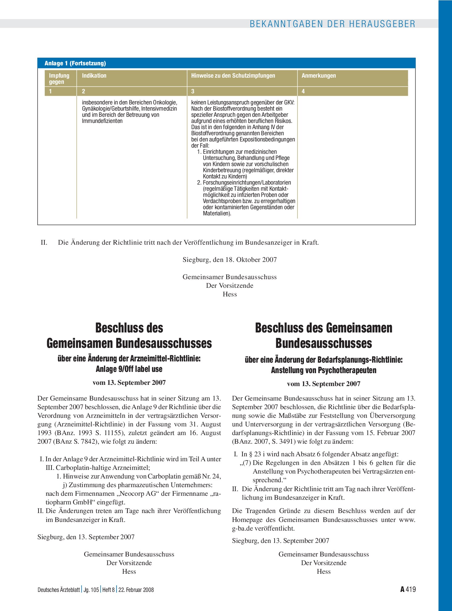 Vorschauseite 1: Beschluss des Gemeinsamen Bundesausschusses über eine Änderung der Bedarfsplanungs-Richtlinie: Anstellung von Psychotherapeuten vom 13. September 2007 – Deutsches Ärzteblatt