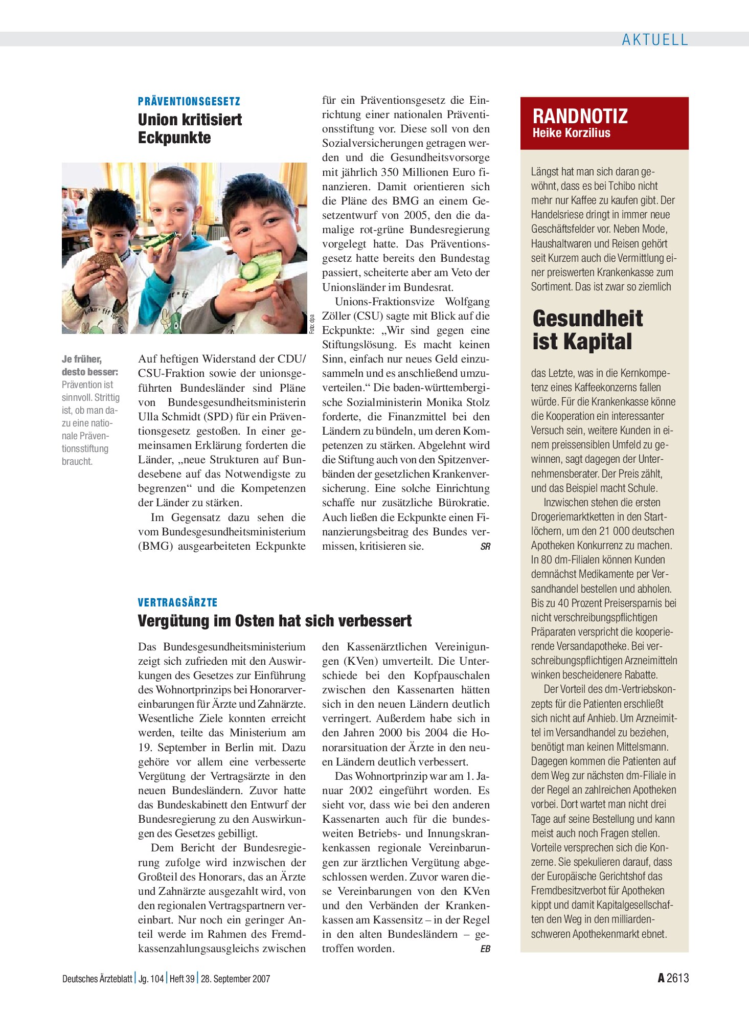 Vorschauseite 1: Präventionsgesetz: Union kritisiert Eckpunkte – Deutsches Ärzteblatt