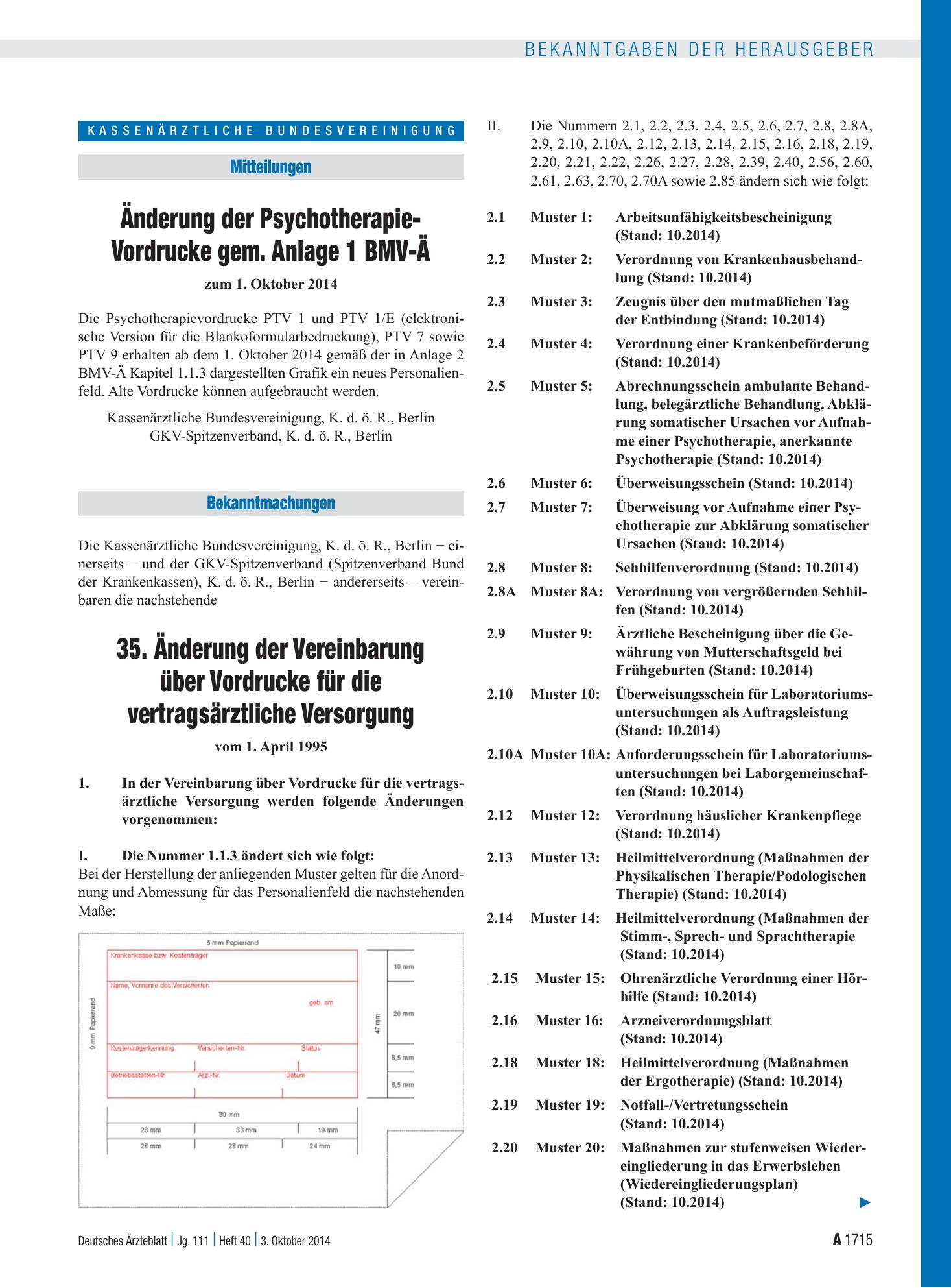 Vorschauseite 1: 35. Änderung der Vereinbarung über Vordrucke für die vertragsärztliche Versorgung – Deutsches Ärzteblatt