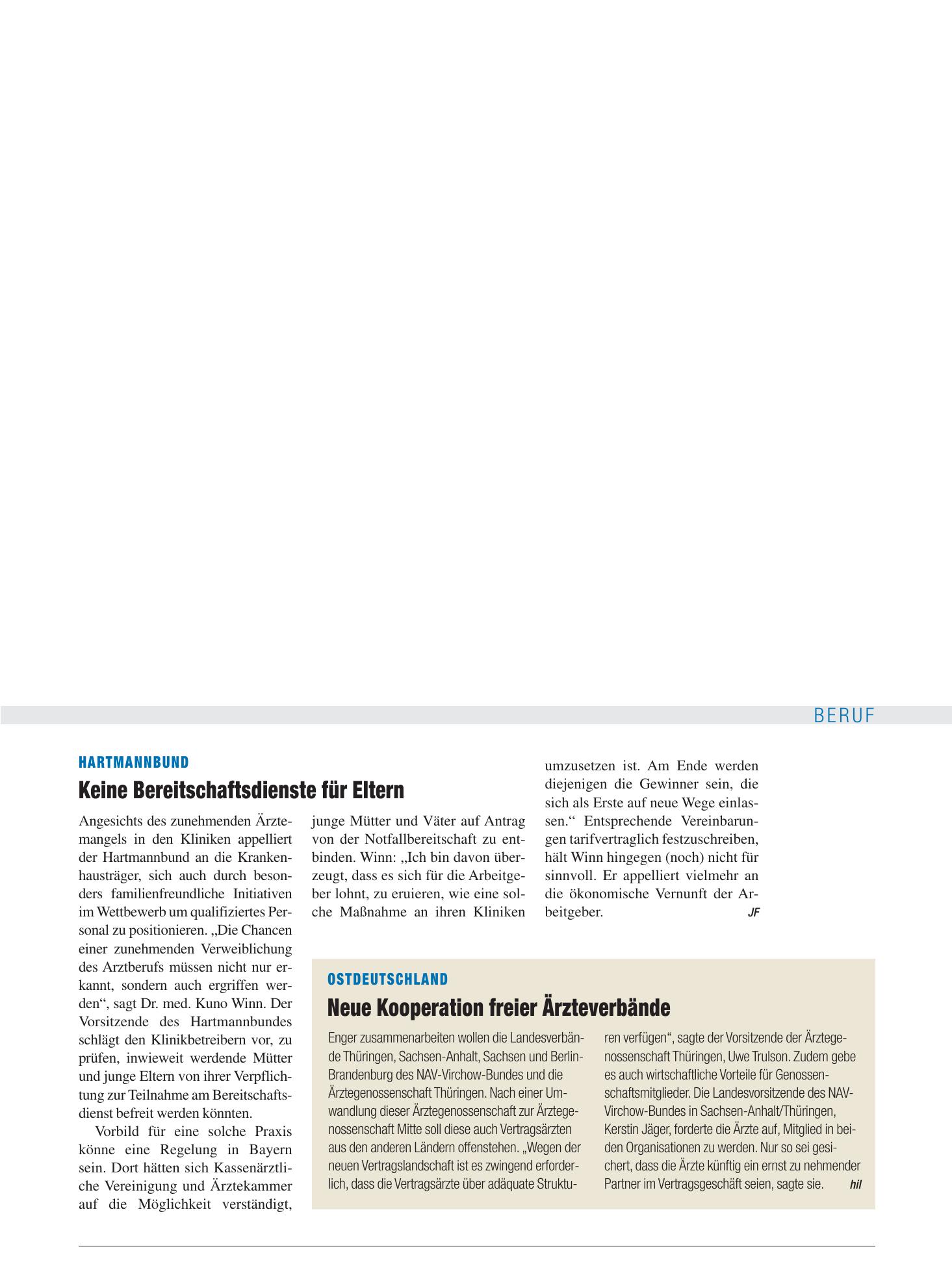 Vorschauseite 1: Hartmannbund: Keine Bereitschaftsdienste für Eltern – Deutsches Ärzteblatt