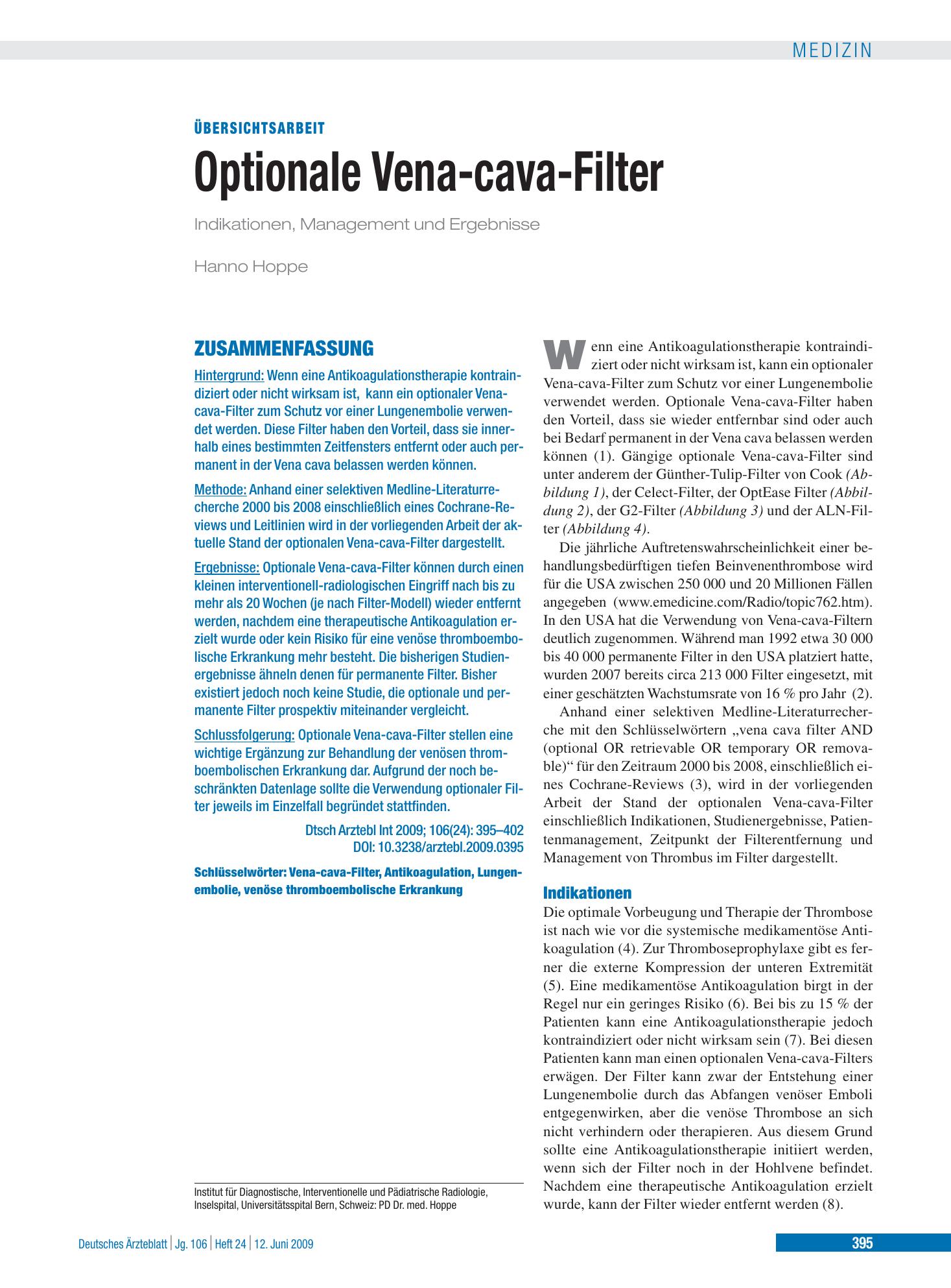 Vorschauseite 1: Optionale Vena-cava-Filter – Deutsches Ärzteblatt