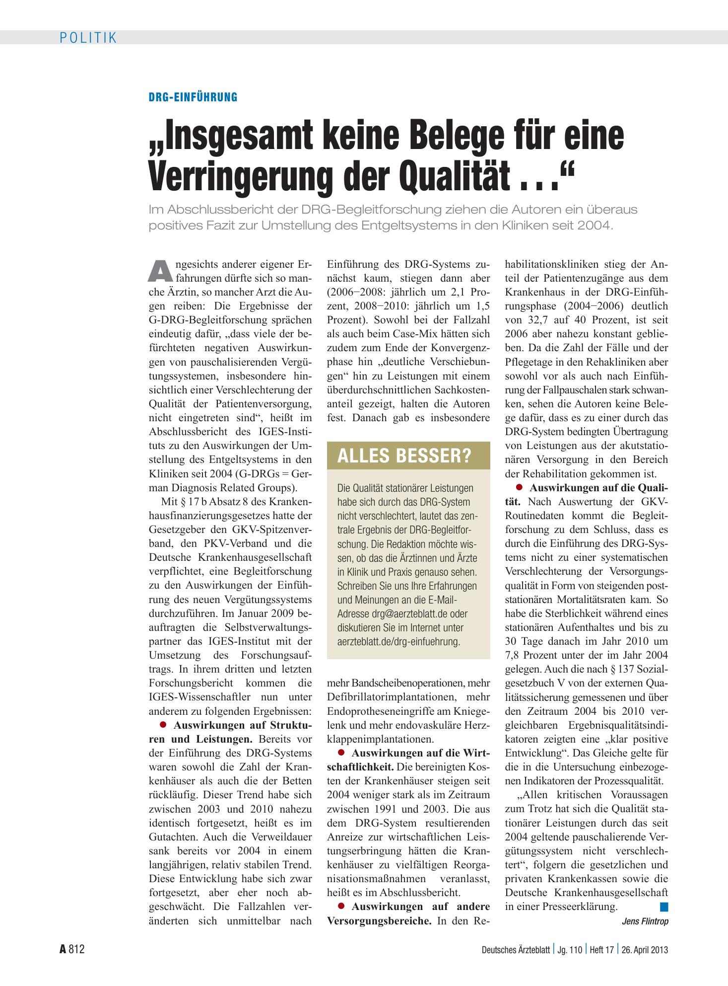 Vorschauseite 1: DRG-Einführung: „Insgesamt keine Belege für eine Verringerung der Qualität . . .“ – Deutsches Ärzteblatt