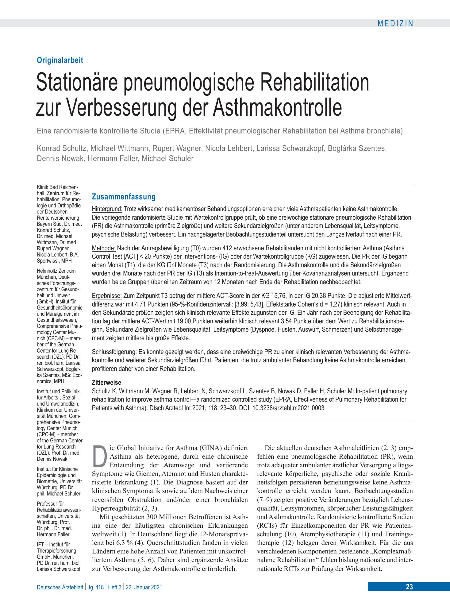 Vorschauseite 1: Stationäre pneumologische Rehabilitation zur Verbesserung der Asthmakontrolle – Deutsches Ärzteblatt
