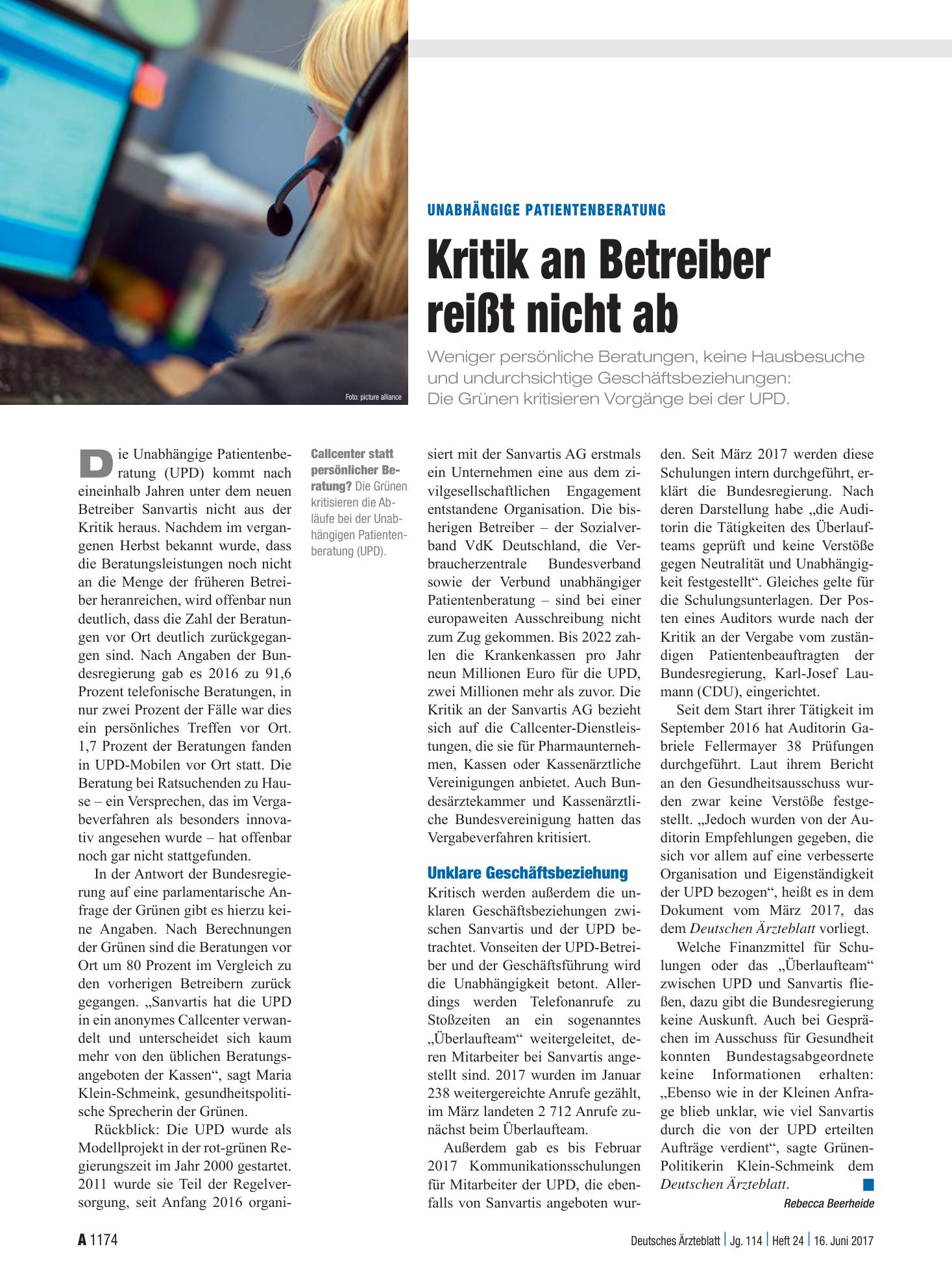 Vorschauseite 1: Unabhängige Patientenberatung: Kritik an Betreiber reißt nicht ab – Deutsches Ärzteblatt