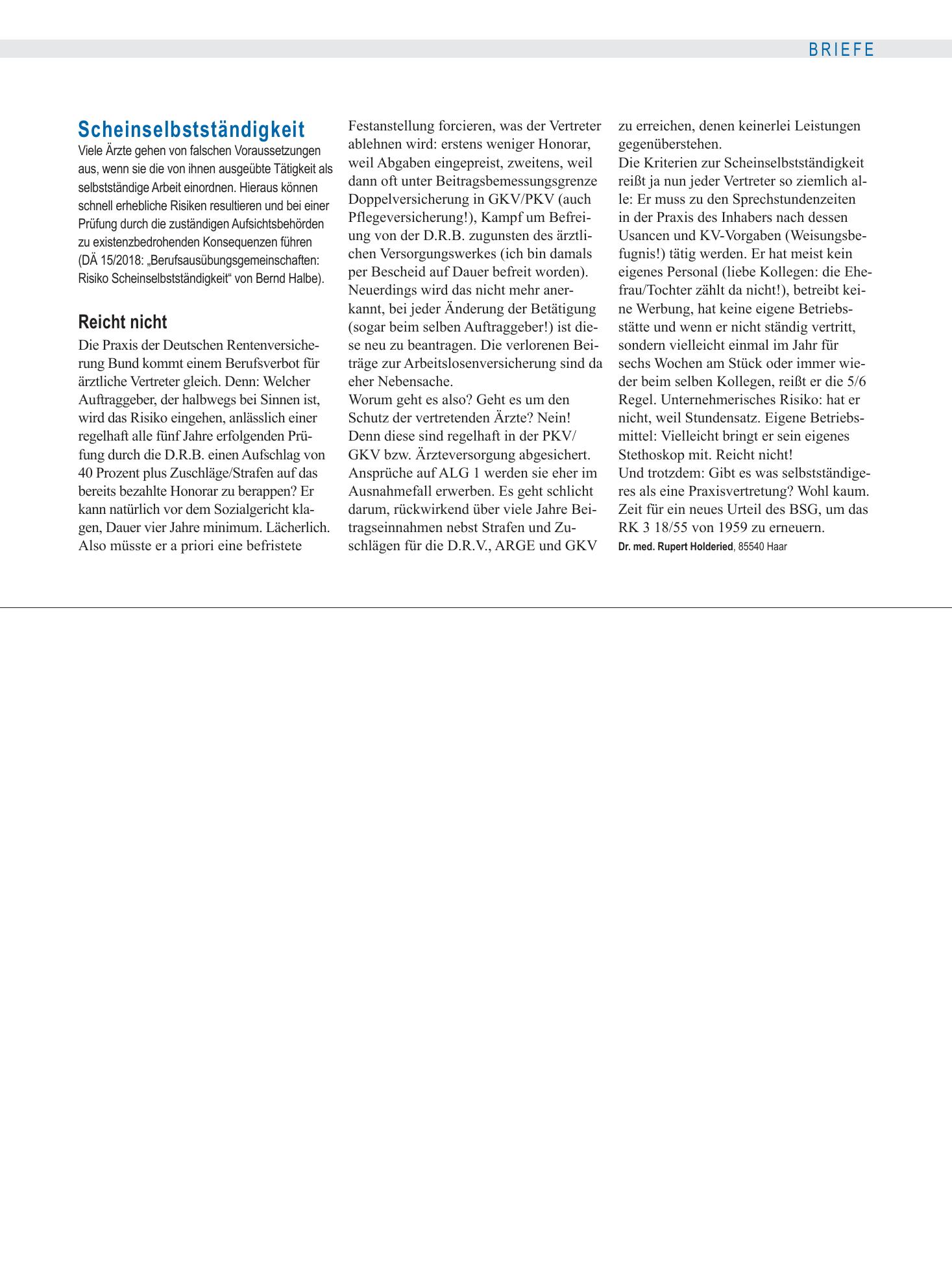 Vorschauseite 1: Scheinselbstständigkeit: Reicht nicht – Deutsches Ärzteblatt