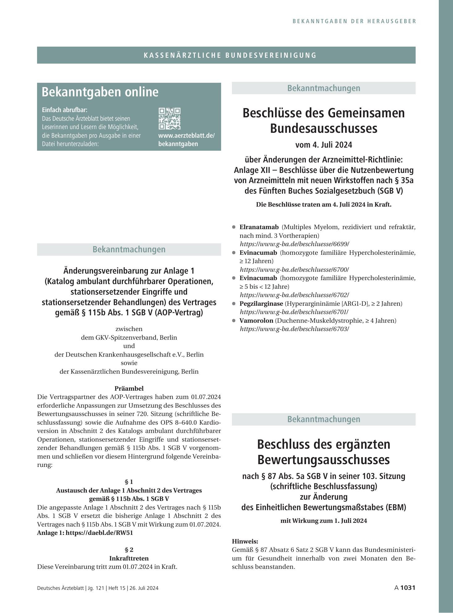 Vorschauseite 1: Änderungsvereinbarung zur Anlage 1 (Katalog ambulant durchführbarer Operationen, stationsersetzender Eingriffe und stationsersetzender Behandlungen) des Vertrages gemäß § 115b Abs…