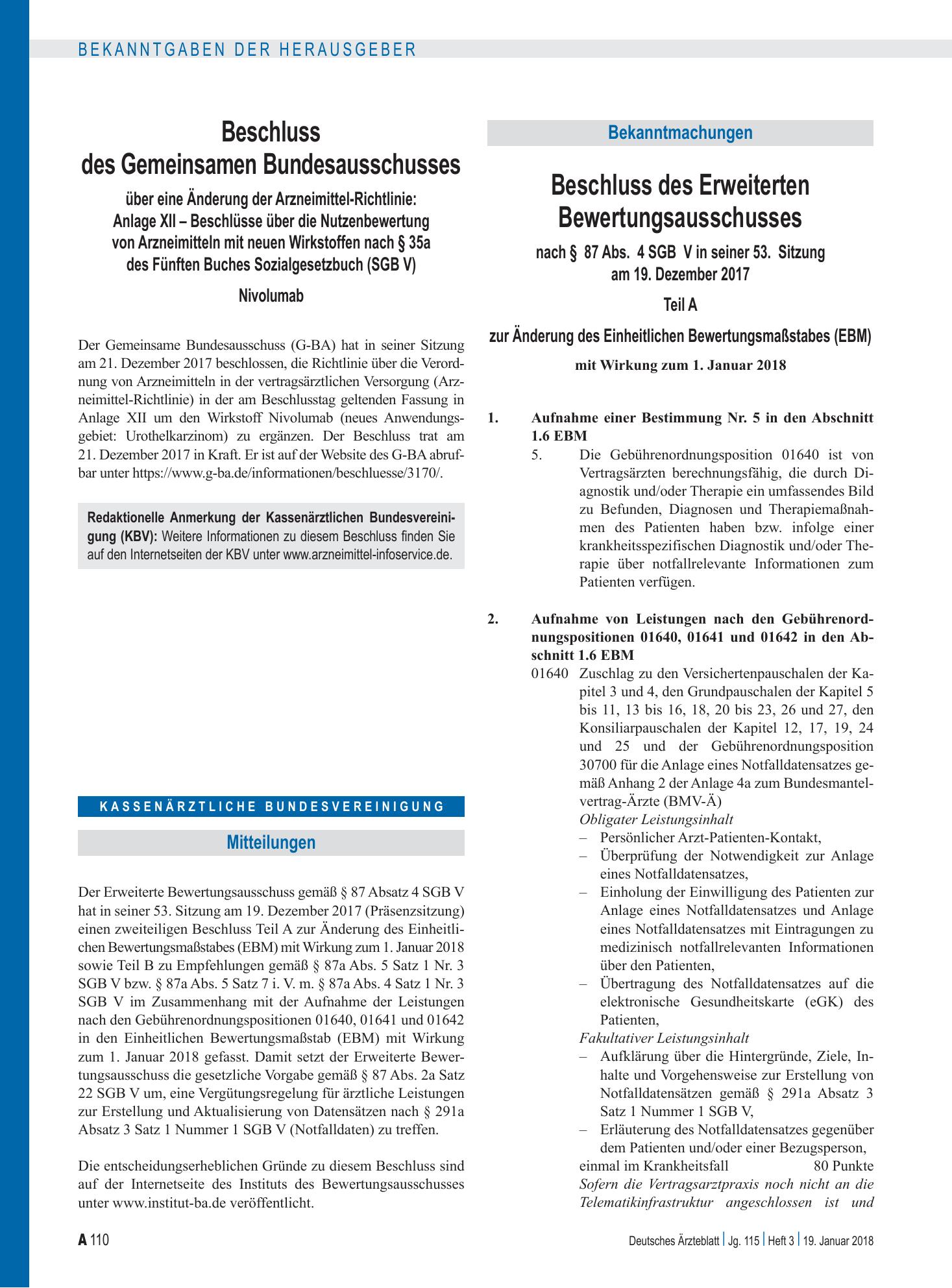 Vorschauseite 1: Beschluss des Gemeinsamen Bundesausschusses über eine Änderung der Arzneimittel-Richtlinie: Anlage XII – Nivolumab – Deutsches Ärzteblatt