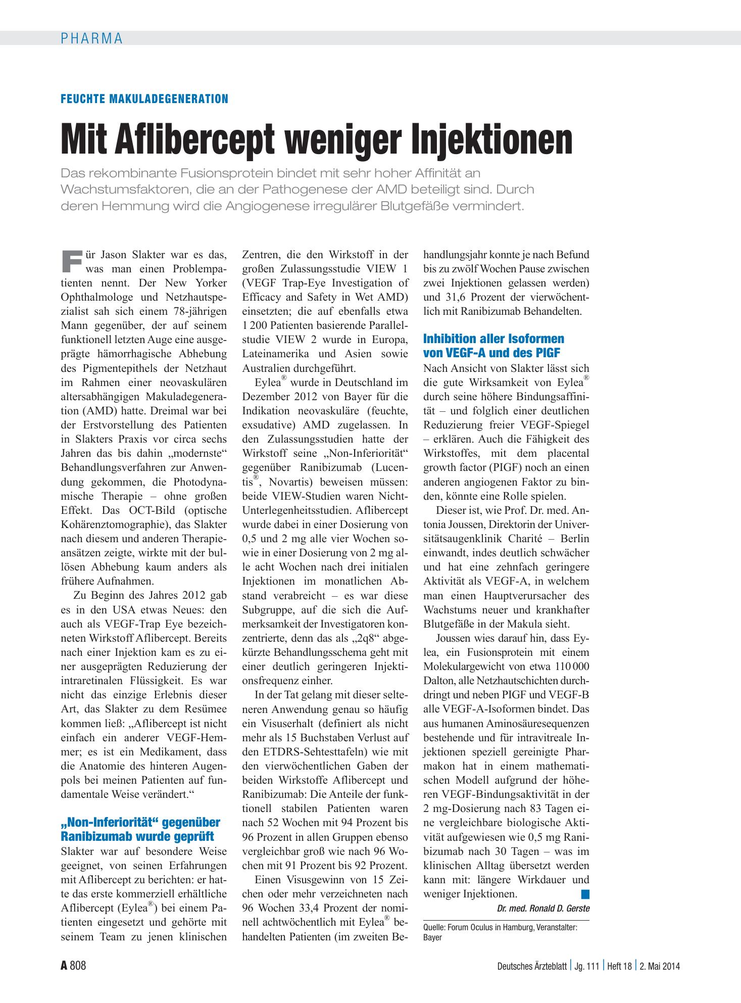 Vorschauseite 1: Feuchte Makuladegeneration: Mit Aflibercept weniger Injektionen – Deutsches Ärzteblatt