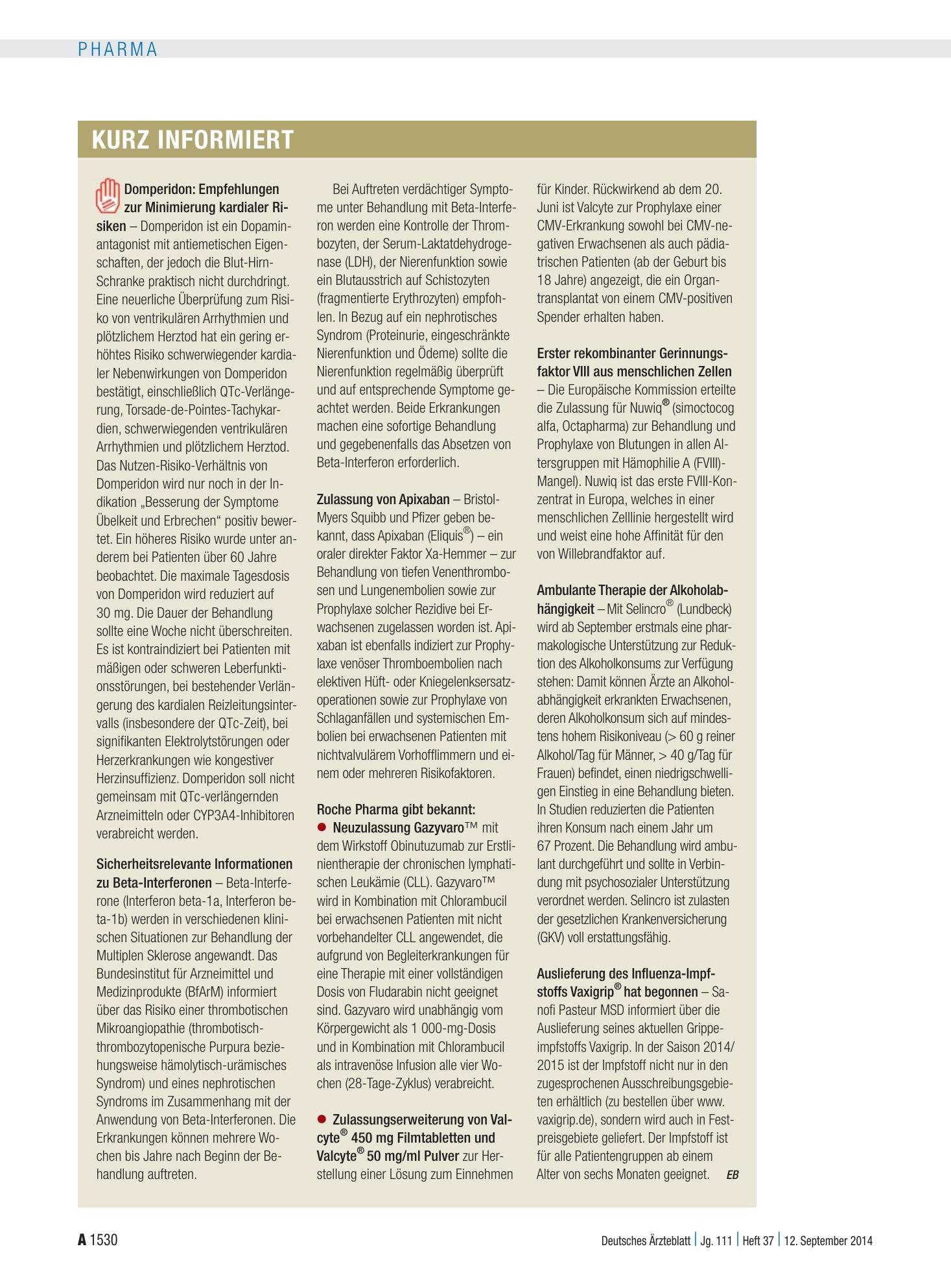 Vorschauseite 1: Kurz informiert – Deutsches Ärzteblatt