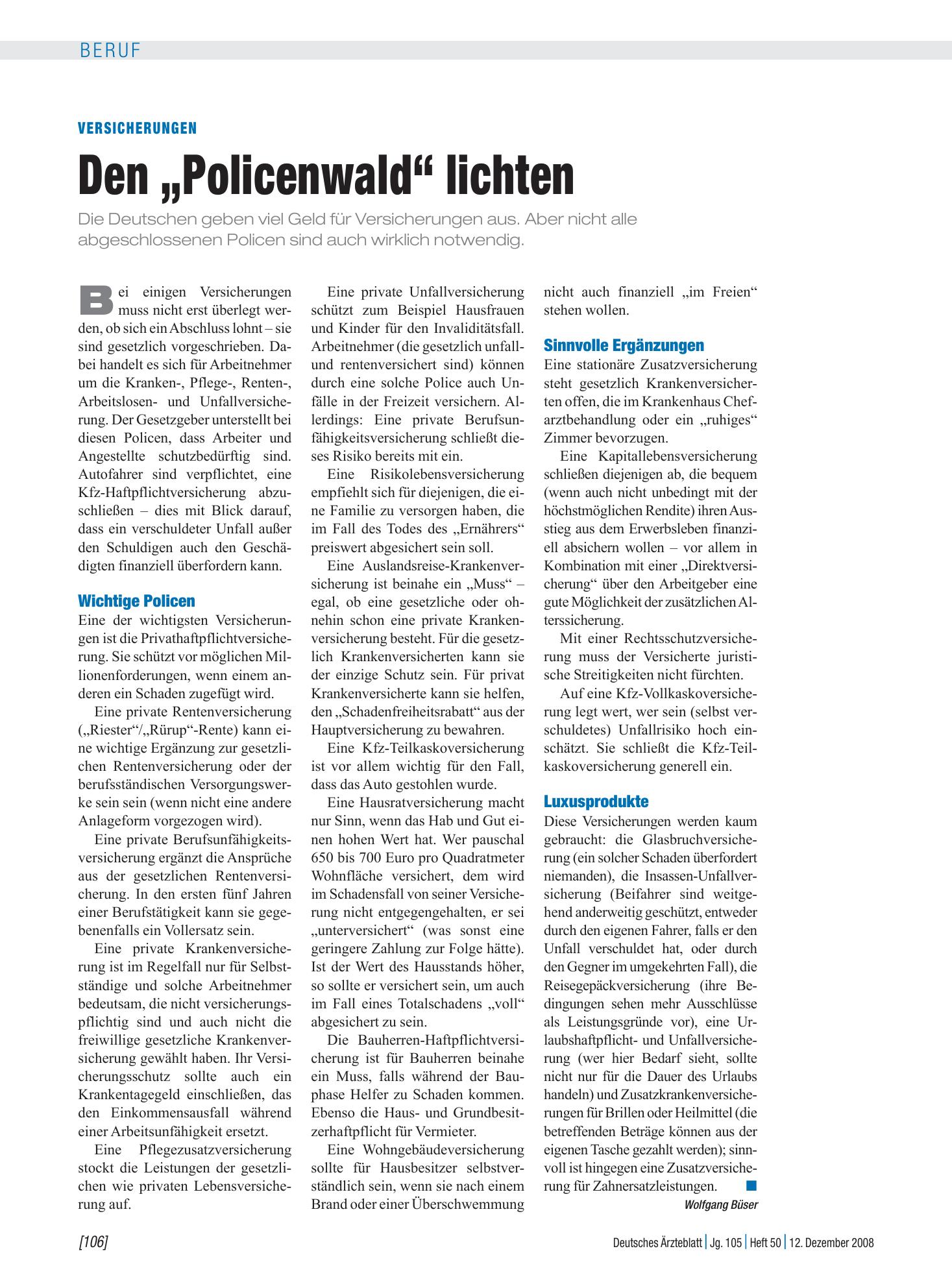 Vorschauseite 1: Versicherungen: Den „Policenwald“ lichten – Deutsches Ärzteblatt