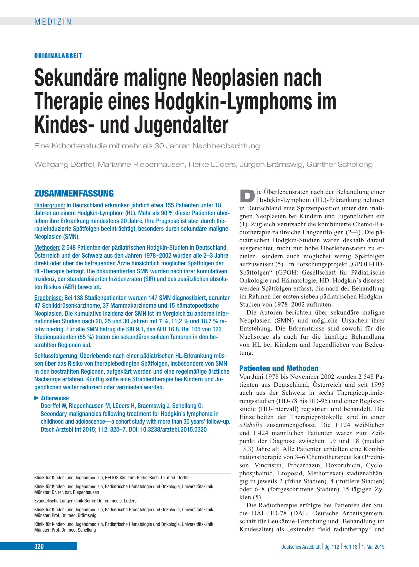 Vorschauseite 1: Sekundäre maligne Neoplasien nach Therapie eines Hodgkin-Lymphoms im Kindes- und Jugendalter – Deutsches Ärzteblatt