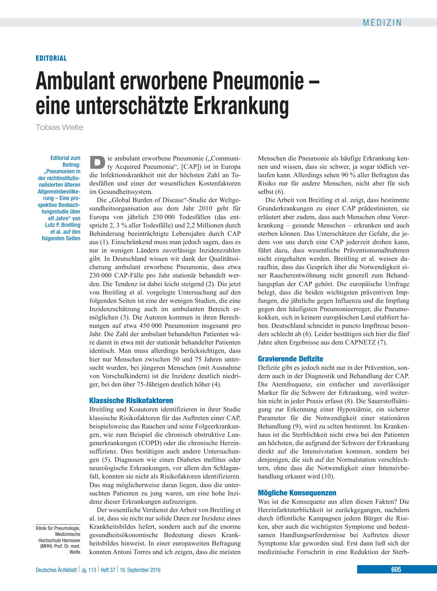Vorschauseite 1: Pneumonien in der nichtinstitutionalisierten älteren Allgemeinbevölkerung – Deutsches Ärzteblatt