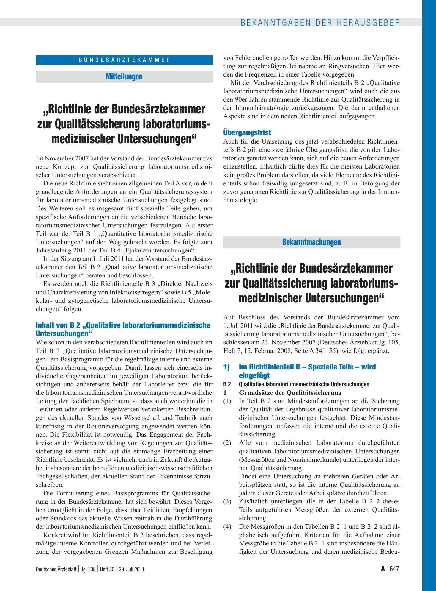 Vorschauseite 1: „Richtlinie der Bundesärztekammer zur Qualitätssicherung laboratoriumsmedizinischer Untersuchungen“ – Deutsches Ärzteblatt