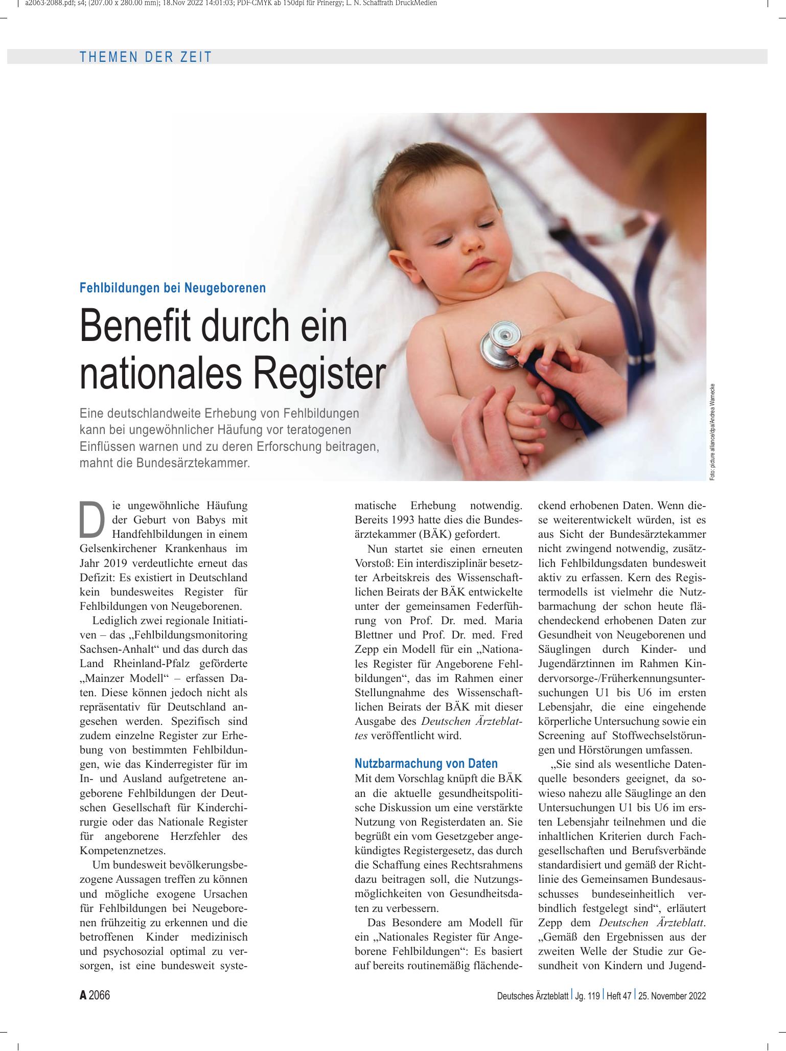 Vorschauseite 1: Fehlbildungen bei Neugeborenen: Benefit durch ein nationales Register – Deutsches Ärzteblatt