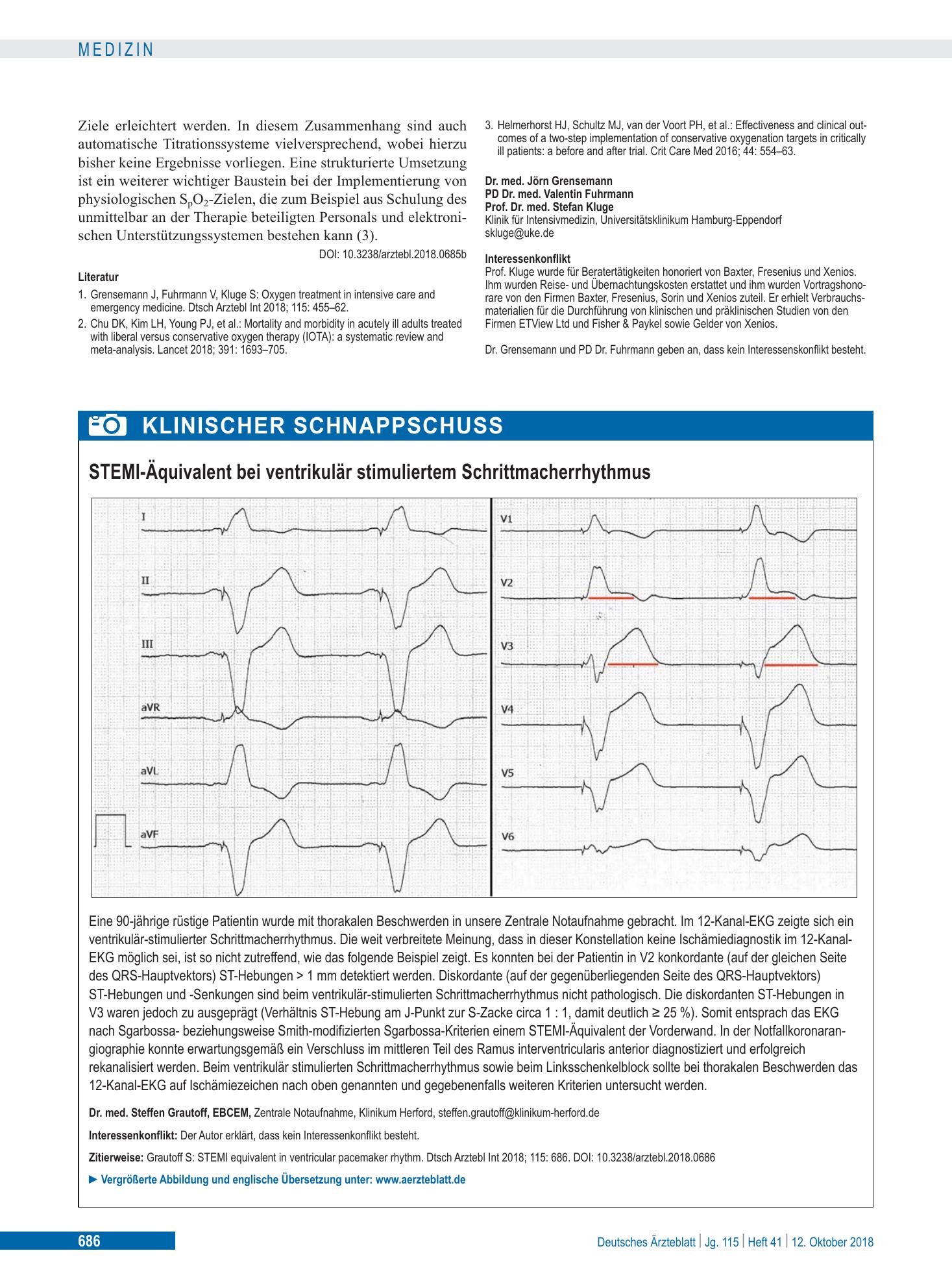 Vorschauseite 1: STEMI-Äquivalent bei ventrikulär stimuliertem Schrittmacherrhythmus – Deutsches Ärzteblatt