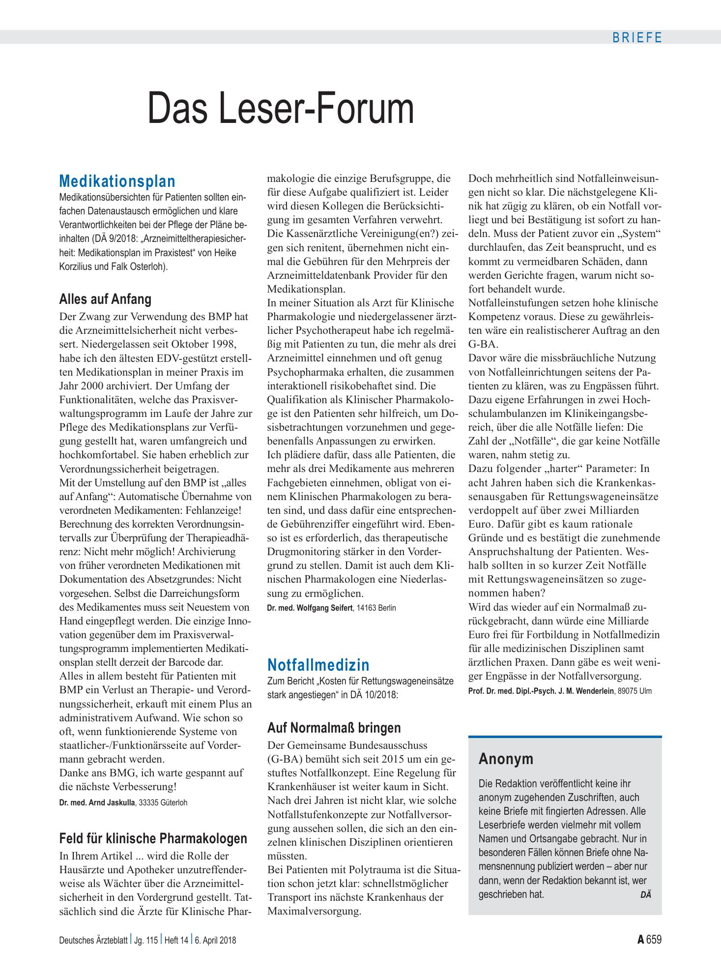 Vorschauseite 1: Notfallmedizin: Auf Normalmaß bringen – Deutsches Ärzteblatt