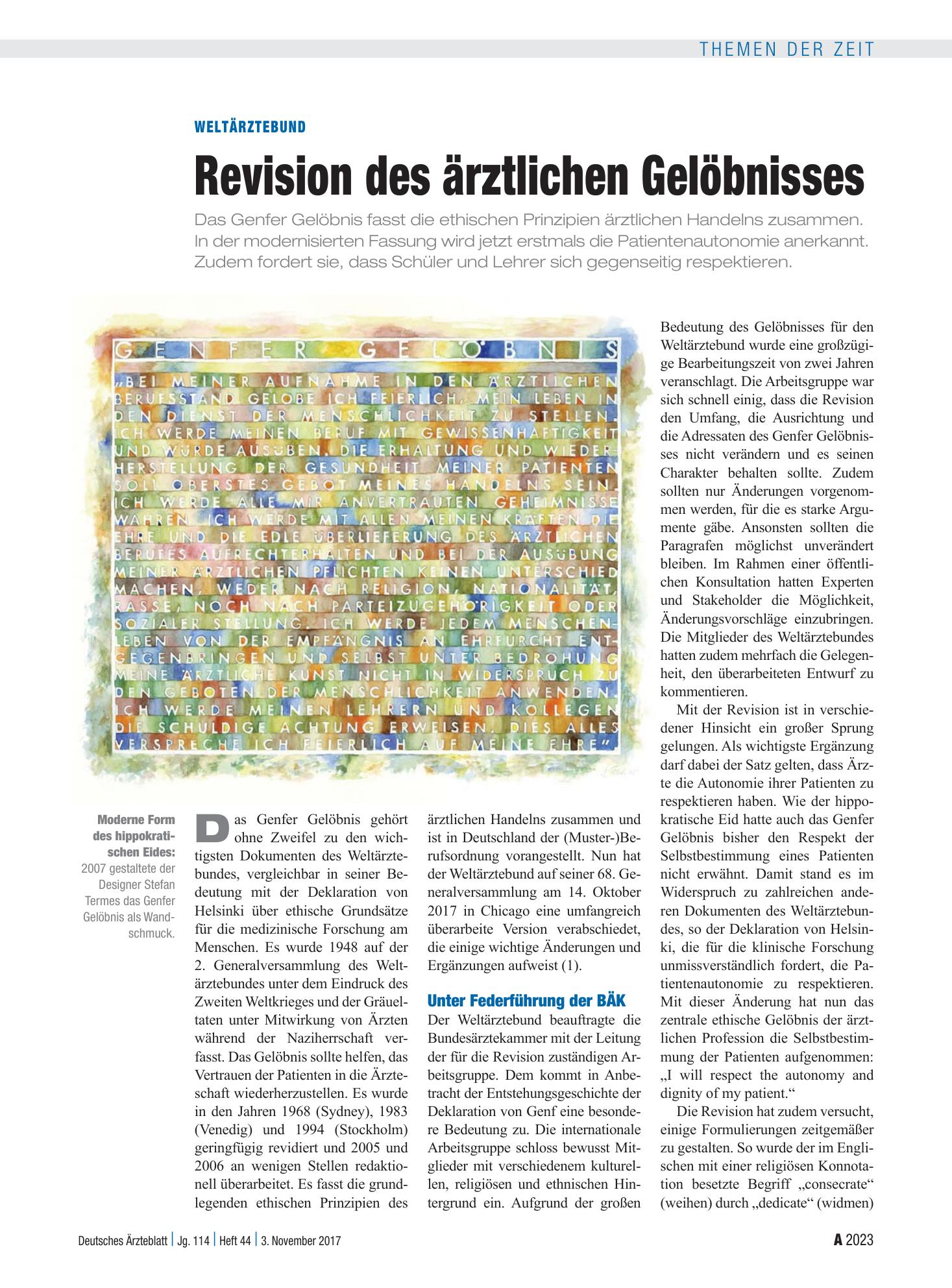 Vorschauseite 1: Weltärztebund: Revision des ärztlichen Gelöbnisses – Deutsches Ärzteblatt