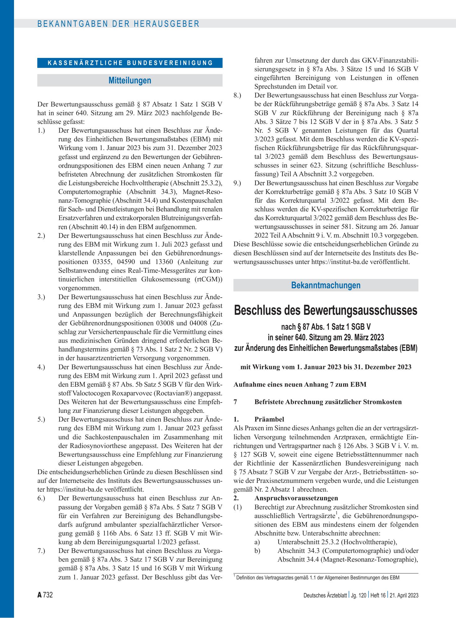 Vorschauseite 1: Beschluss des Bewertungsausschusses nach § 87 Abs. 1 Satz 1 SGB V in seiner 640. Sitzung am 29. März 2023 zur Änderung des Einheitlichen Bewertungsmaßstabes (EBM) – Deutsches Ärzt…